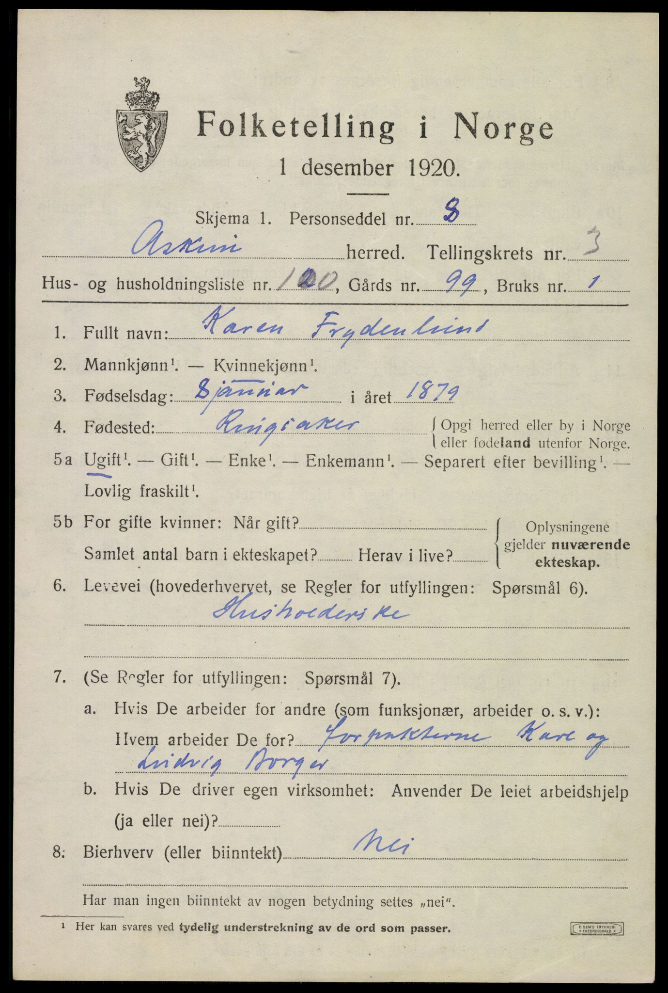 SAO, 1920 census for Askim, 1920, p. 7967