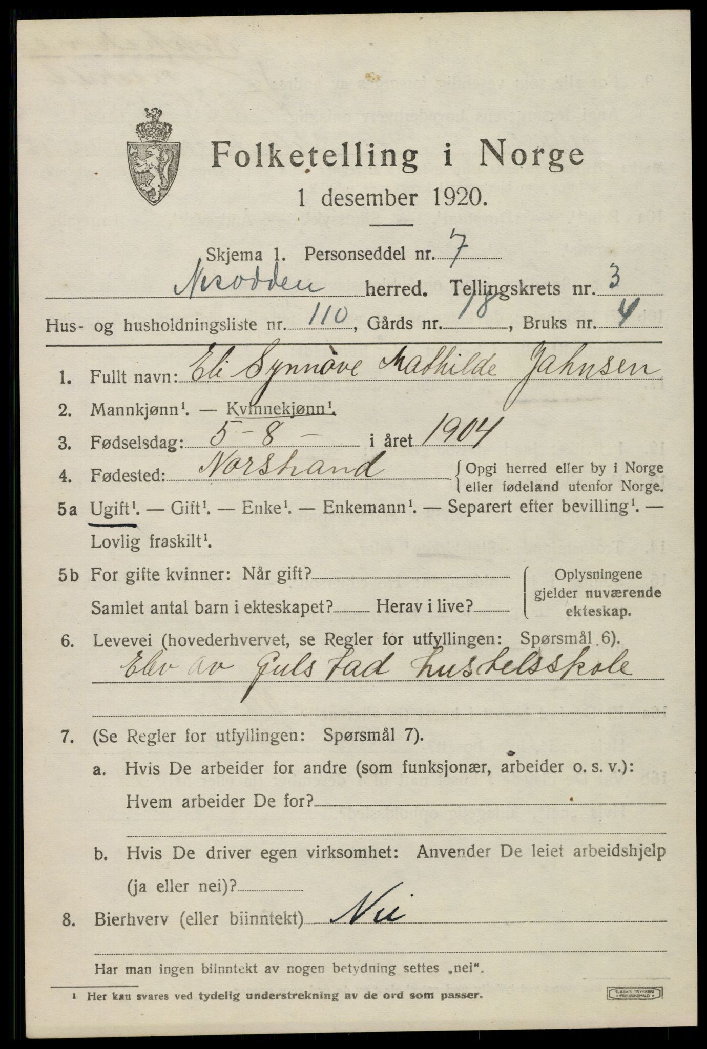 SAO, 1920 census for Nesodden, 1920, p. 3751