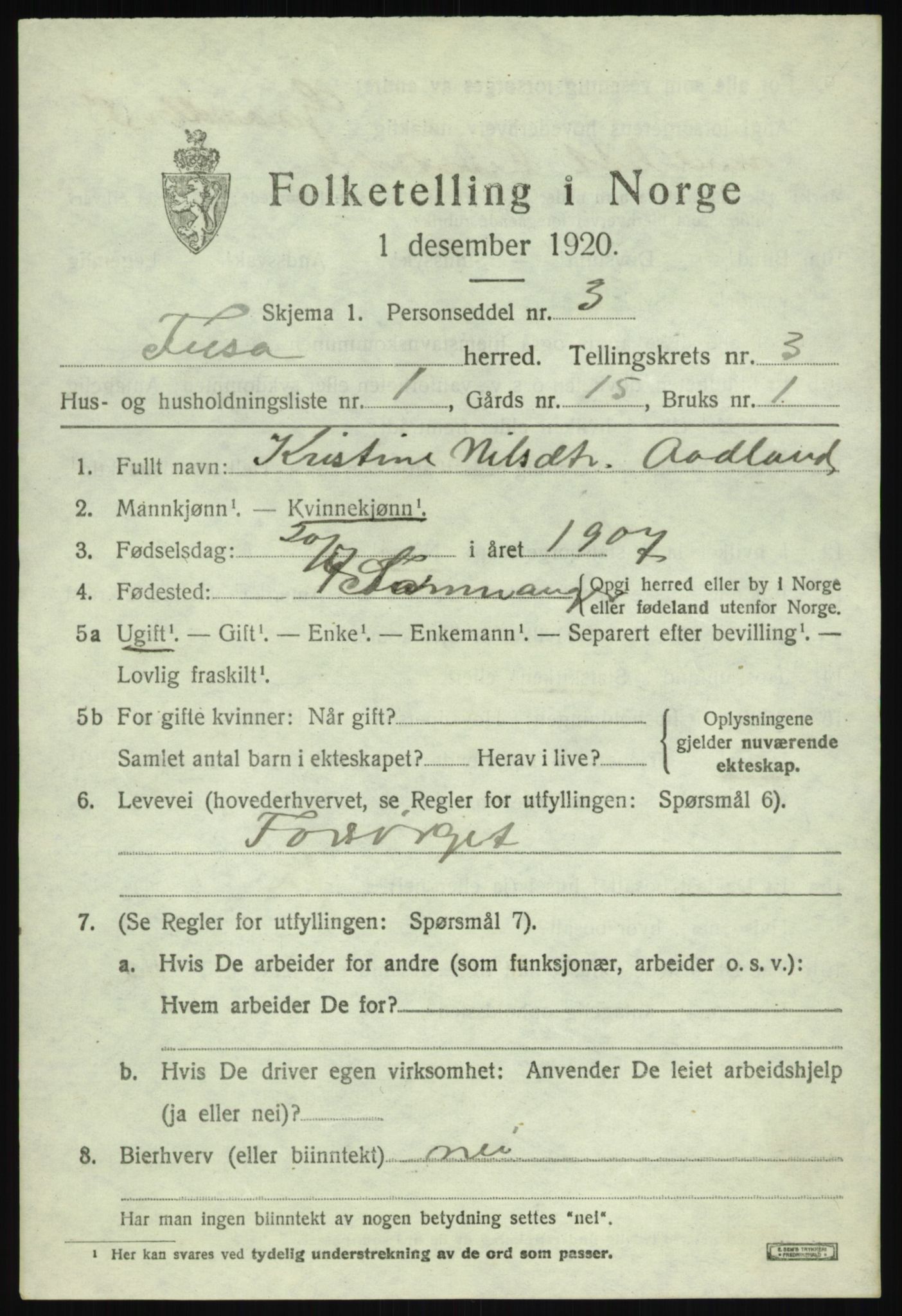 SAB, 1920 census for Fusa, 1920, p. 1305