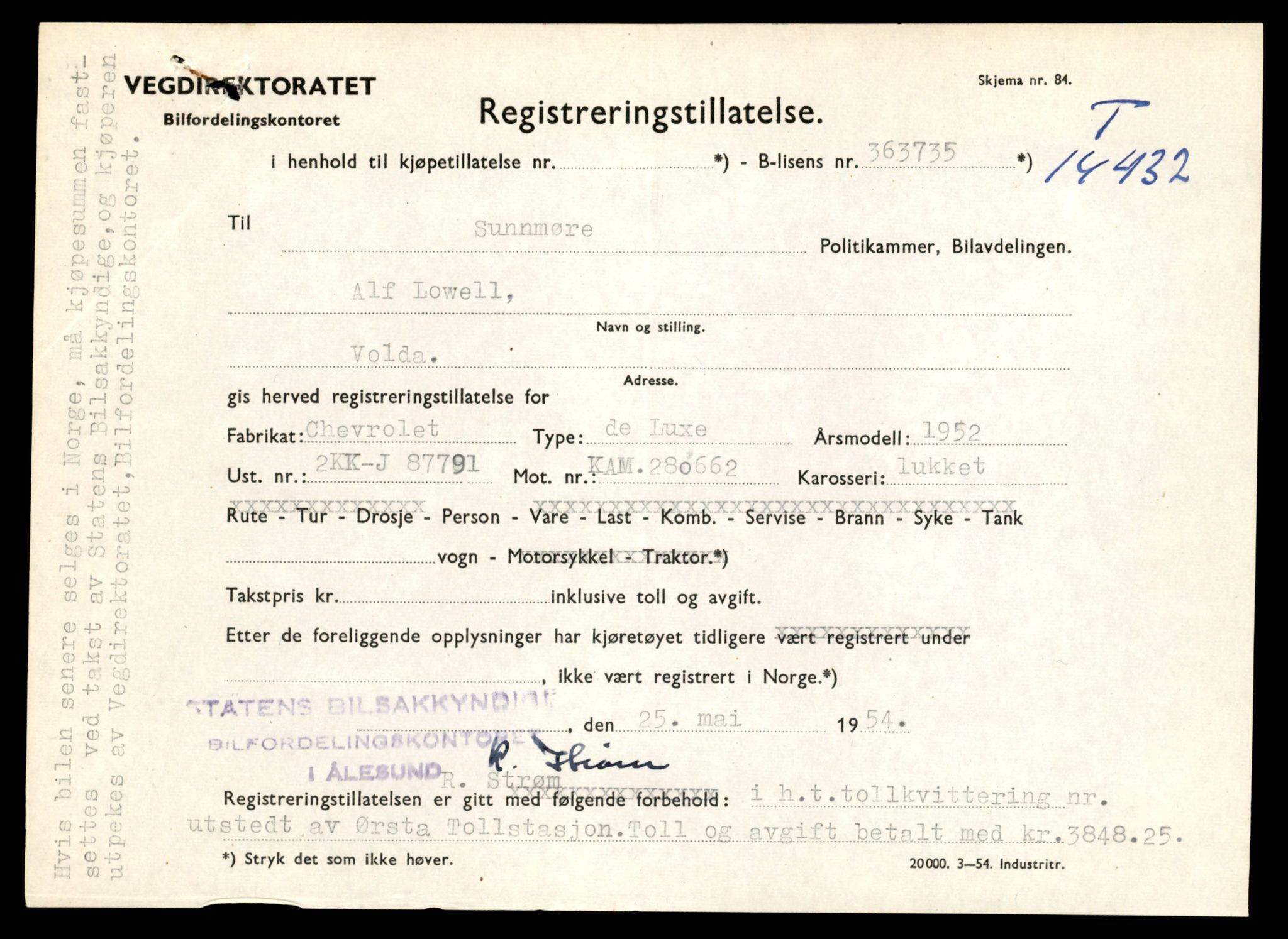 Møre og Romsdal vegkontor - Ålesund trafikkstasjon, AV/SAT-A-4099/F/Fe/L0045: Registreringskort for kjøretøy T 14320 - T 14444, 1927-1998, p. 2886