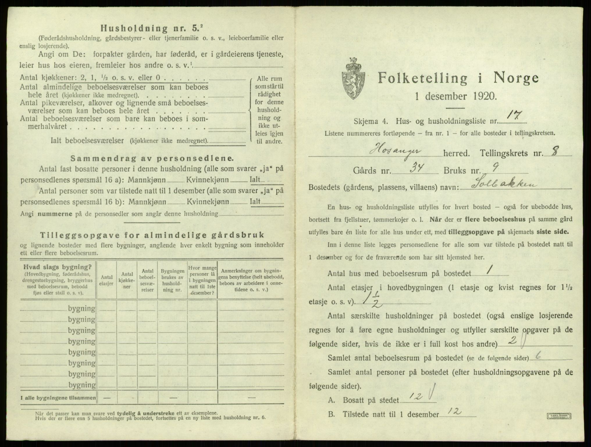 SAB, 1920 census for Hosanger, 1920, p. 458