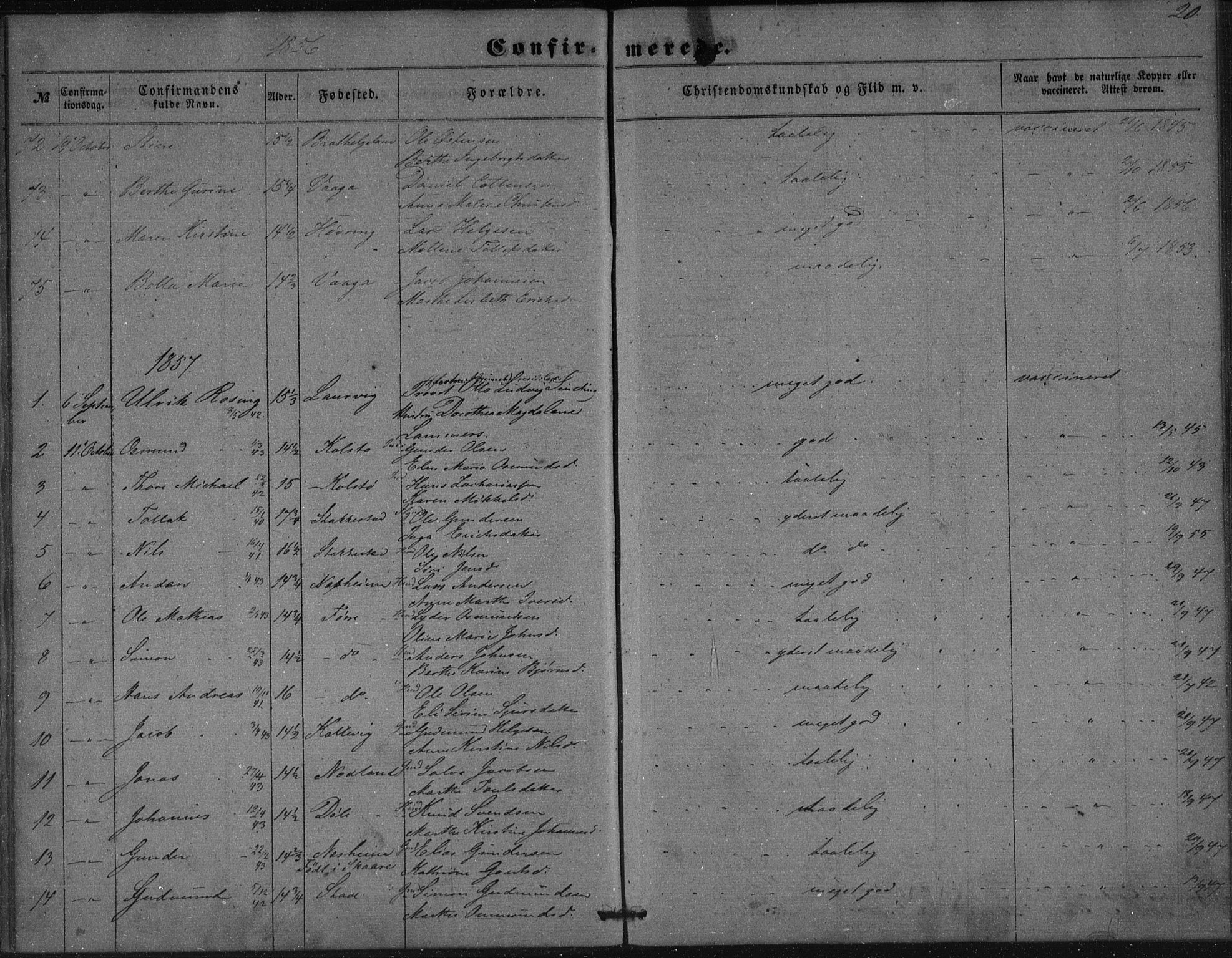 Avaldsnes sokneprestkontor, AV/SAST-A -101851/H/Ha/Haa/L0009: Parish register (official) no. A 9, 1853-1865, p. 20