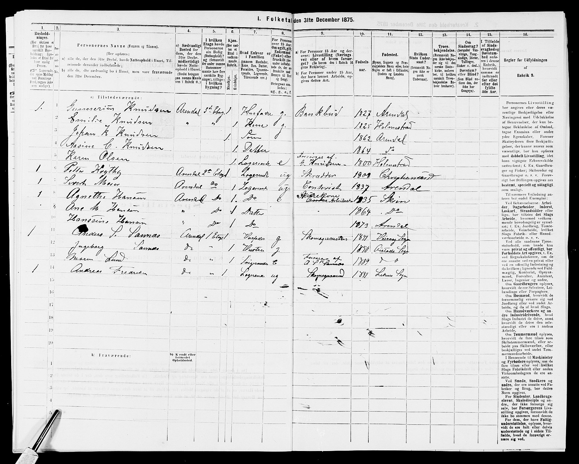 SAK, 1875 census for 0903P Arendal, 1875, p. 227