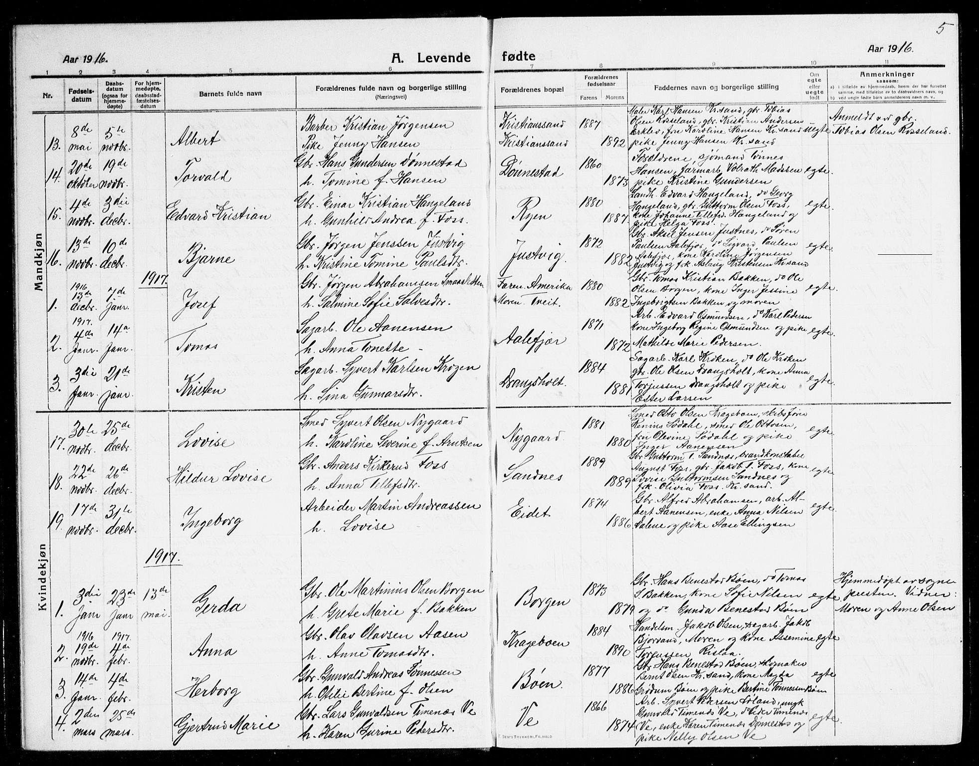 Tveit sokneprestkontor, SAK/1111-0043/F/Fb/L0005: Parish register (copy) no. B 5, 1915-1941, p. 5