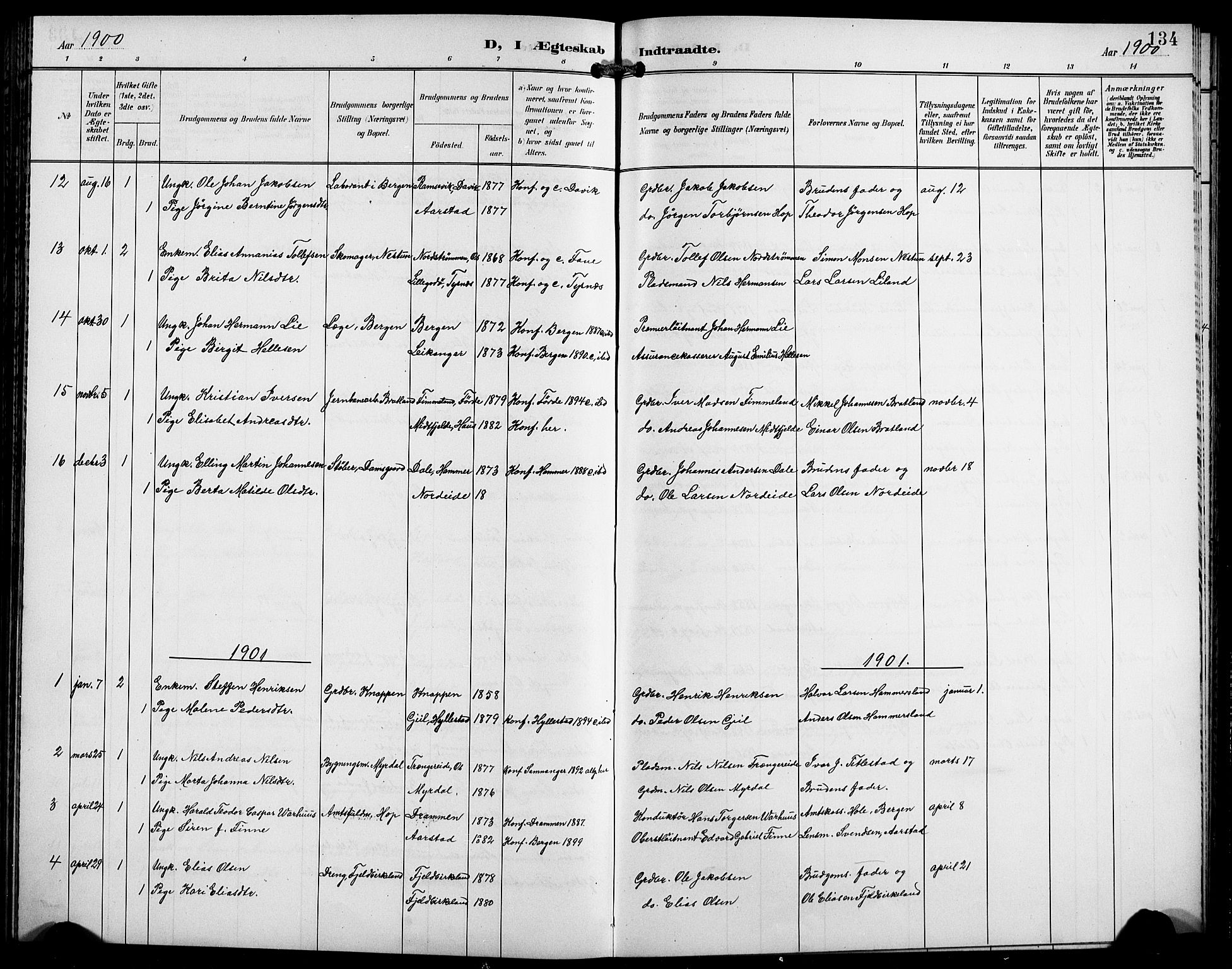 Birkeland Sokneprestembete, SAB/A-74601/H/Hab: Parish register (copy) no. A 5, 1897-1905, p. 134