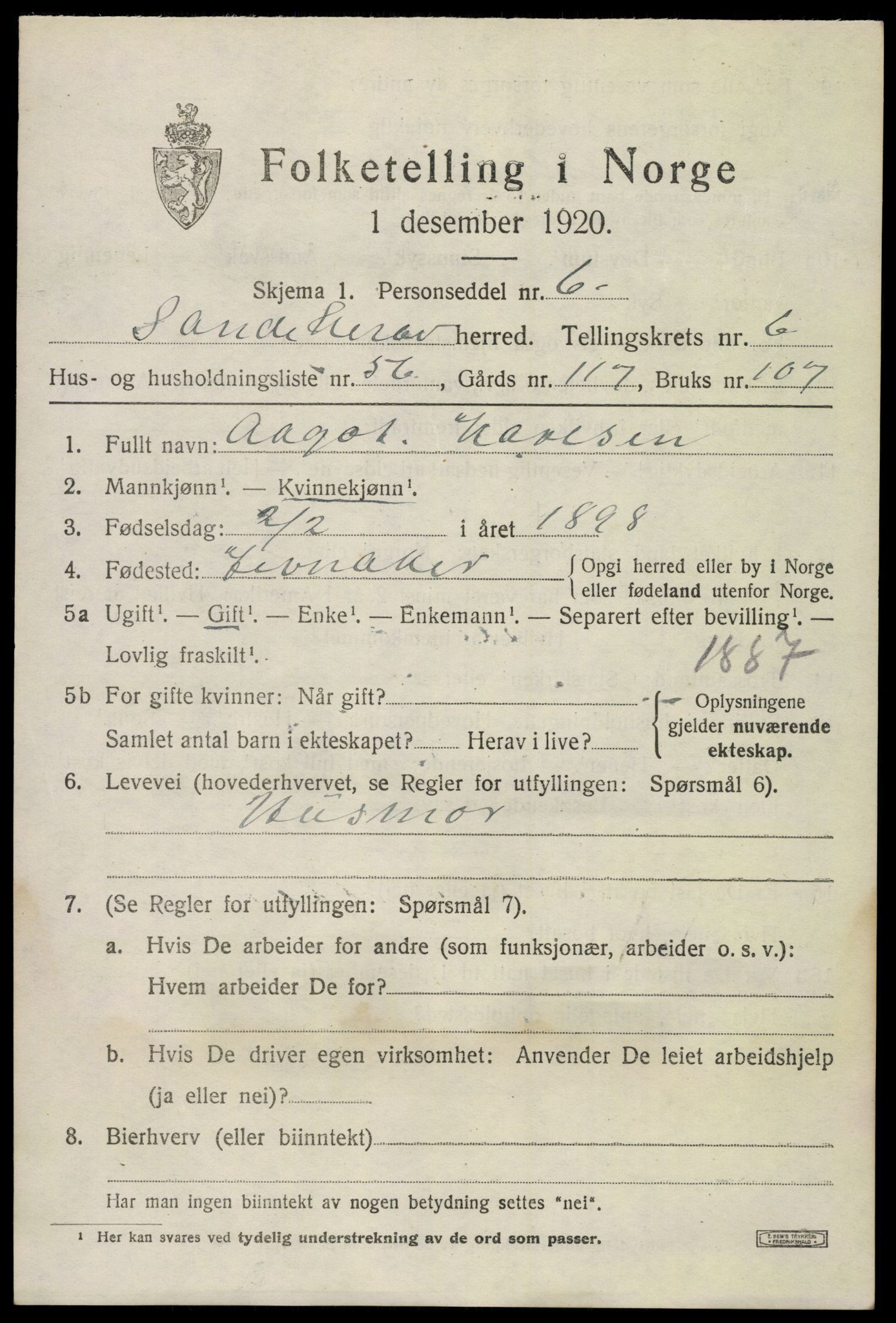 SAKO, 1920 census for Sandeherred, 1920, p. 10320