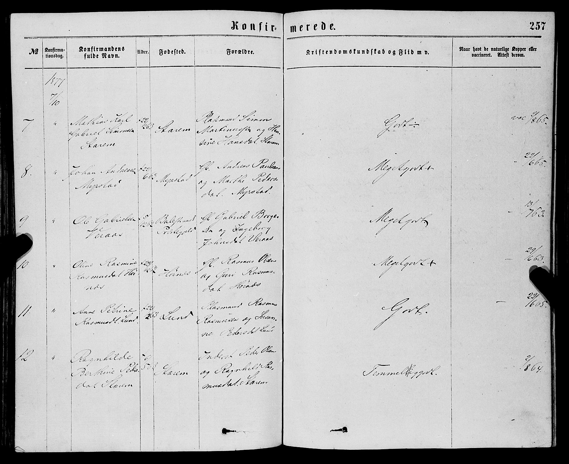 Eid sokneprestembete, AV/SAB-A-82301/H/Haa/Haaa/L0010: Parish register (official) no. A 10, 1867-1878, p. 257