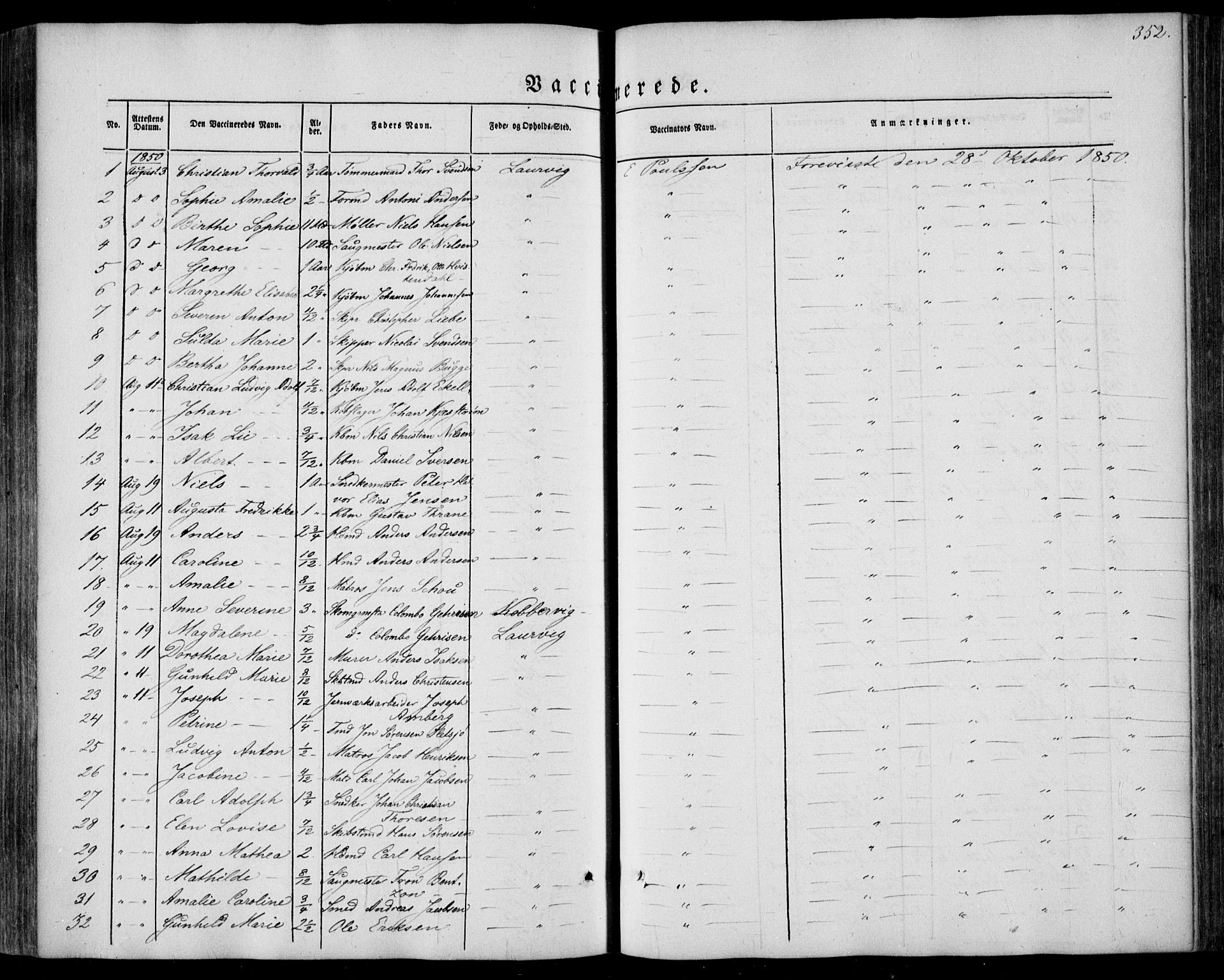 Larvik kirkebøker, AV/SAKO-A-352/F/Fa/L0003: Parish register (official) no. I 3, 1848-1856, p. 352