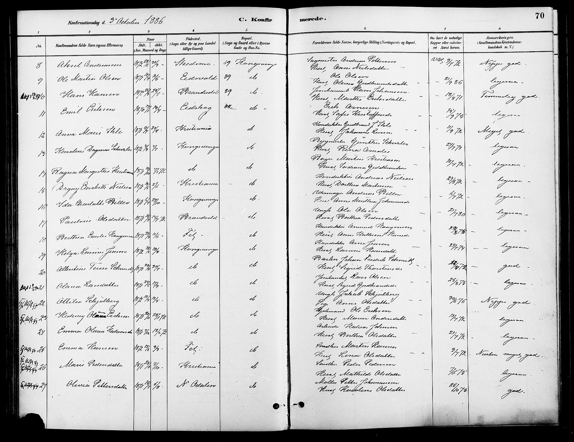 Vinger prestekontor, SAH/PREST-024/H/Ha/Haa/L0013: Parish register (official) no. 13, 1881-1897, p. 70