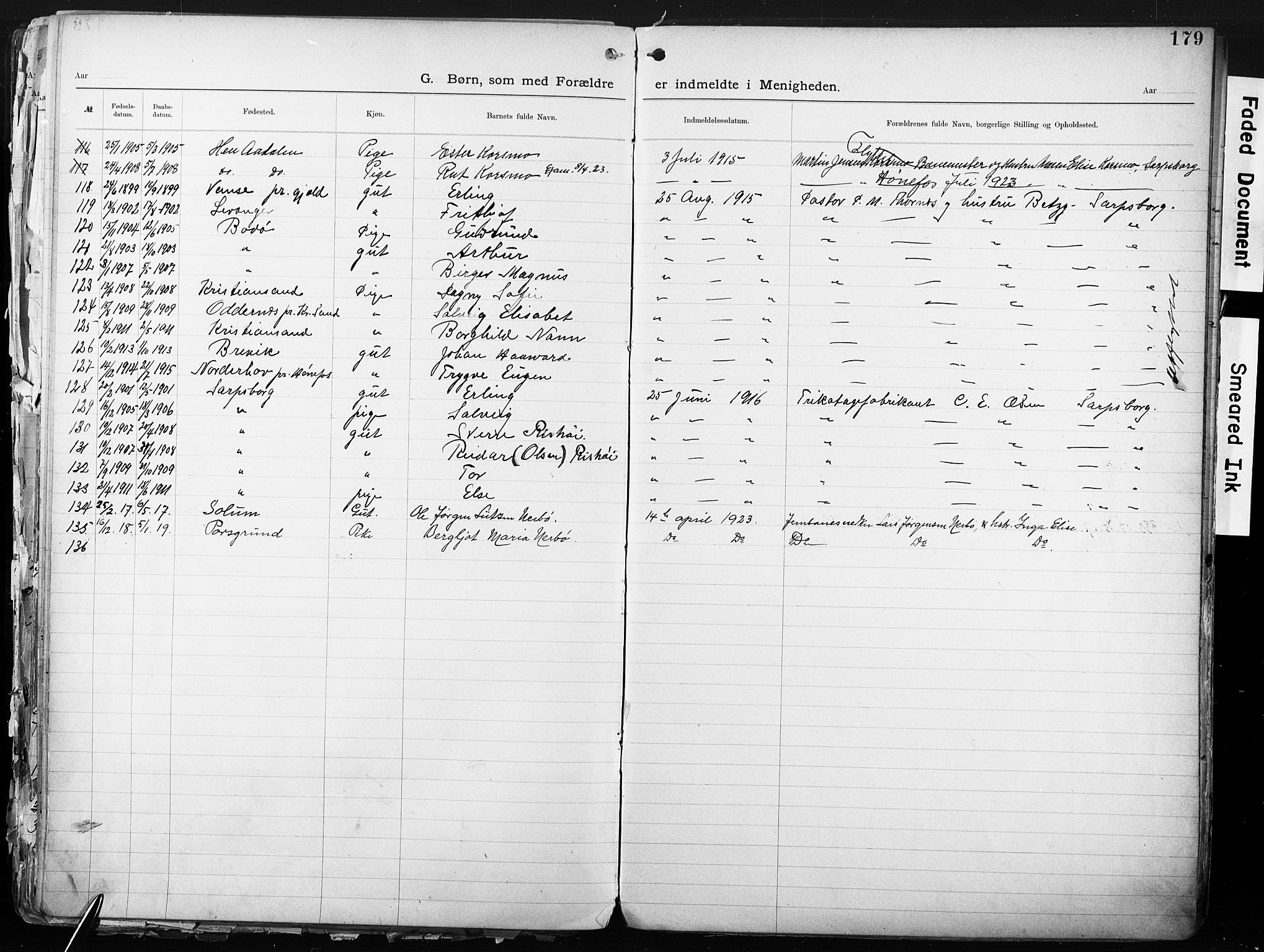 Sarpsborg metodistkirke, SAO/PAO-0233/A/L0004: Dissenter register no. 4, 1892-1923, p. 179