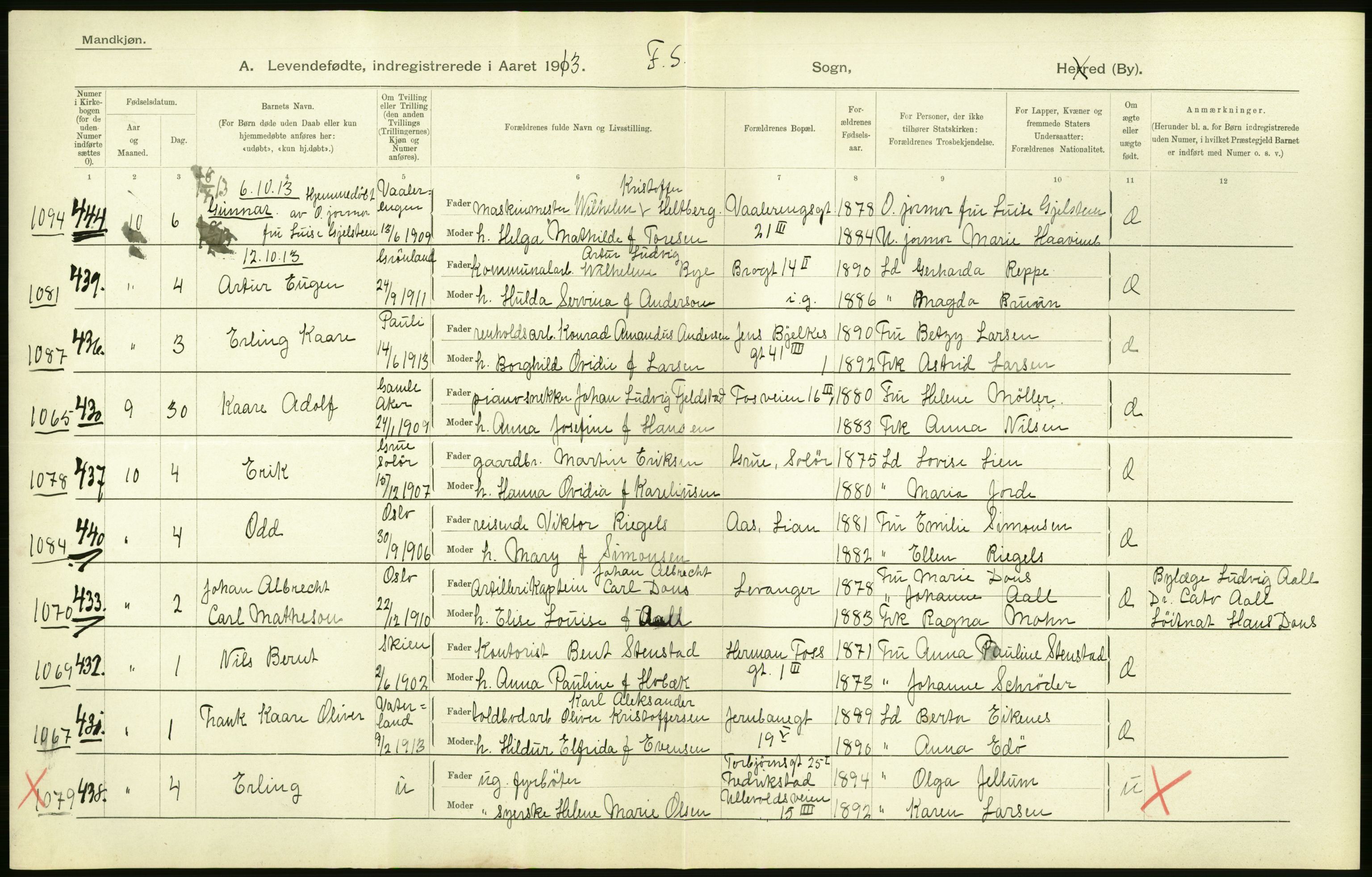 Statistisk sentralbyrå, Sosiodemografiske emner, Befolkning, AV/RA-S-2228/D/Df/Dfb/Dfbc/L0007: Kristiania: Levendefødte menn og kvinner., 1913, p. 34