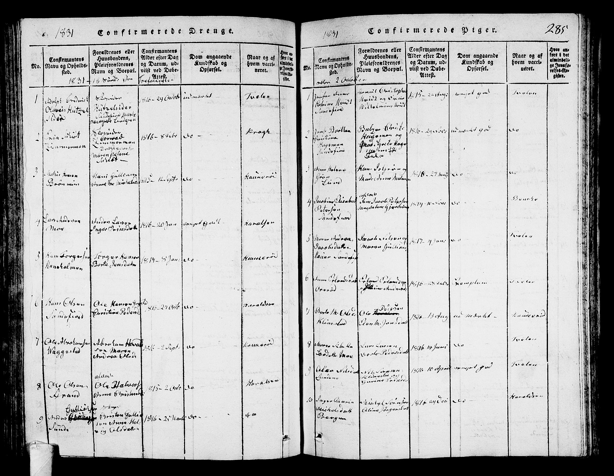 Sandar kirkebøker, SAKO/A-243/G/Ga/L0001: Parish register (copy) no. 1, 1814-1835, p. 285