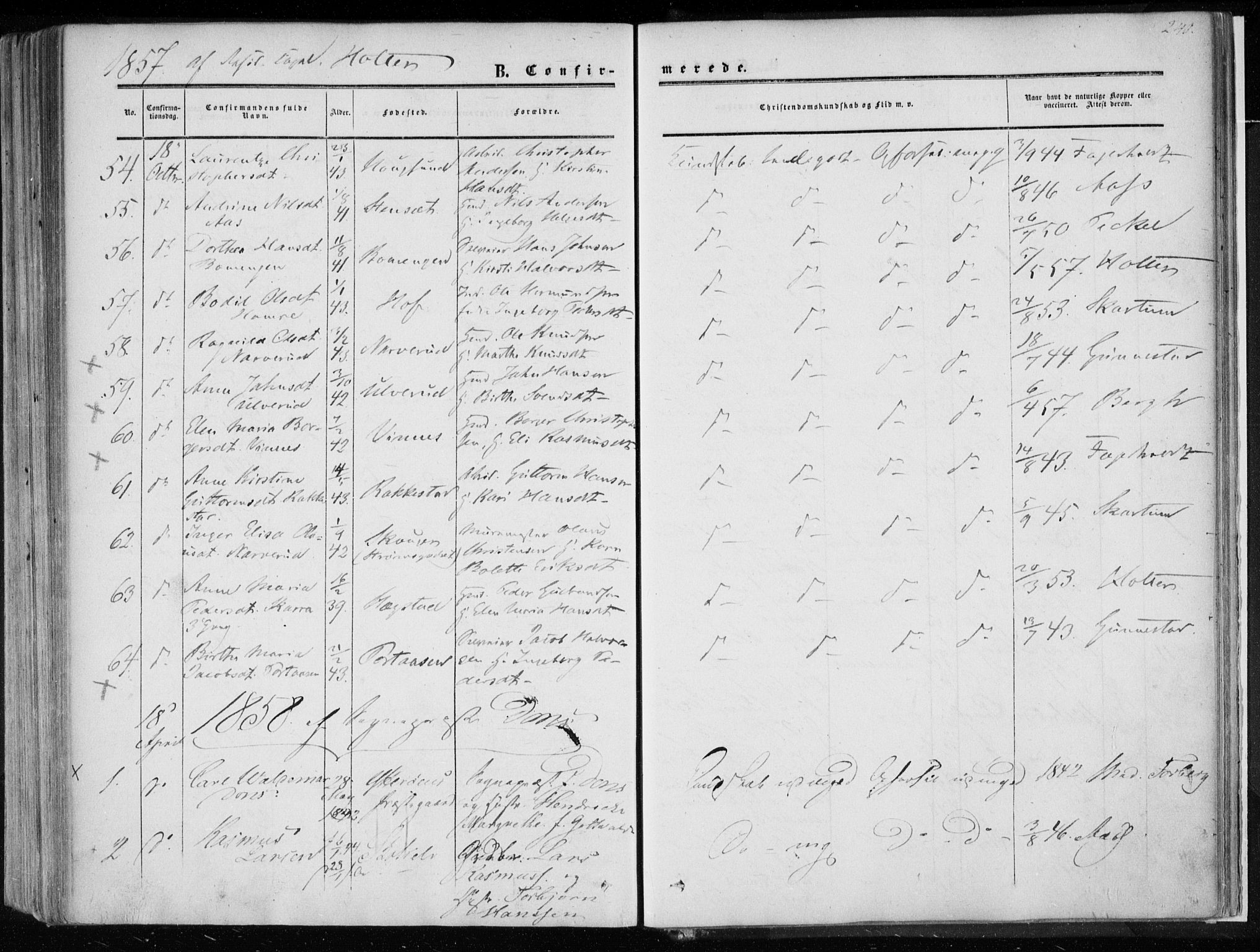 Eiker kirkebøker, AV/SAKO-A-4/F/Fa/L0015a: Parish register (official) no. I 15A, 1854-1860, p. 240