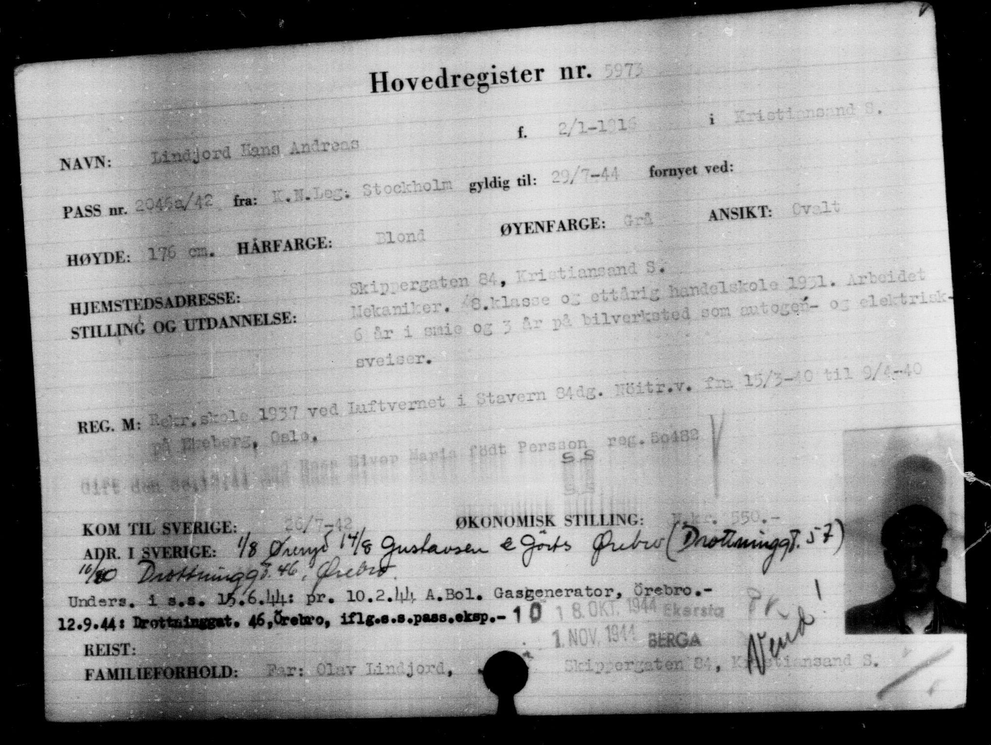 Utenriksstasjonene, Legasjonen i Stockholm, Flyktningkontoret, AV/RA-S-6753/V/Va/L0004: Kjesäterkartoteket, flyktninger med registreringsnr. 3496-6610, 1940-1945, p. 2892