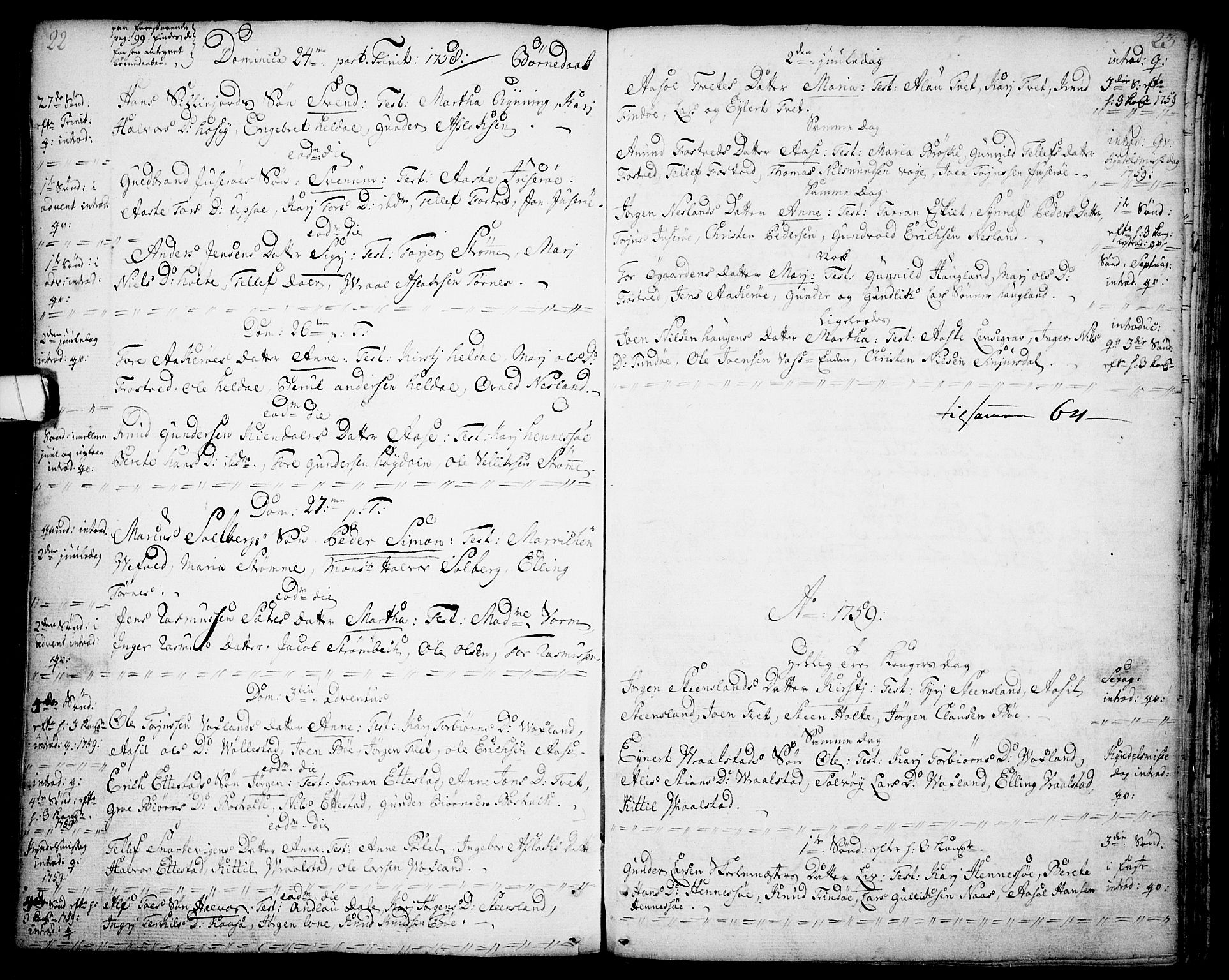 Drangedal kirkebøker, SAKO/A-258/F/Fa/L0001: Parish register (official) no. 1, 1697-1767, p. 22-23