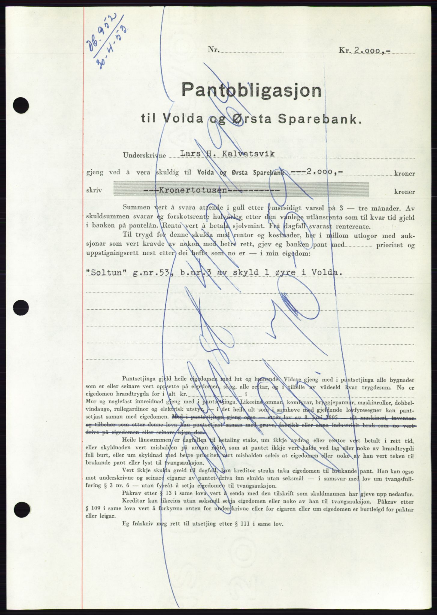 Søre Sunnmøre sorenskriveri, AV/SAT-A-4122/1/2/2C/L0123: Mortgage book no. 11B, 1953-1953, Diary no: : 952/1953