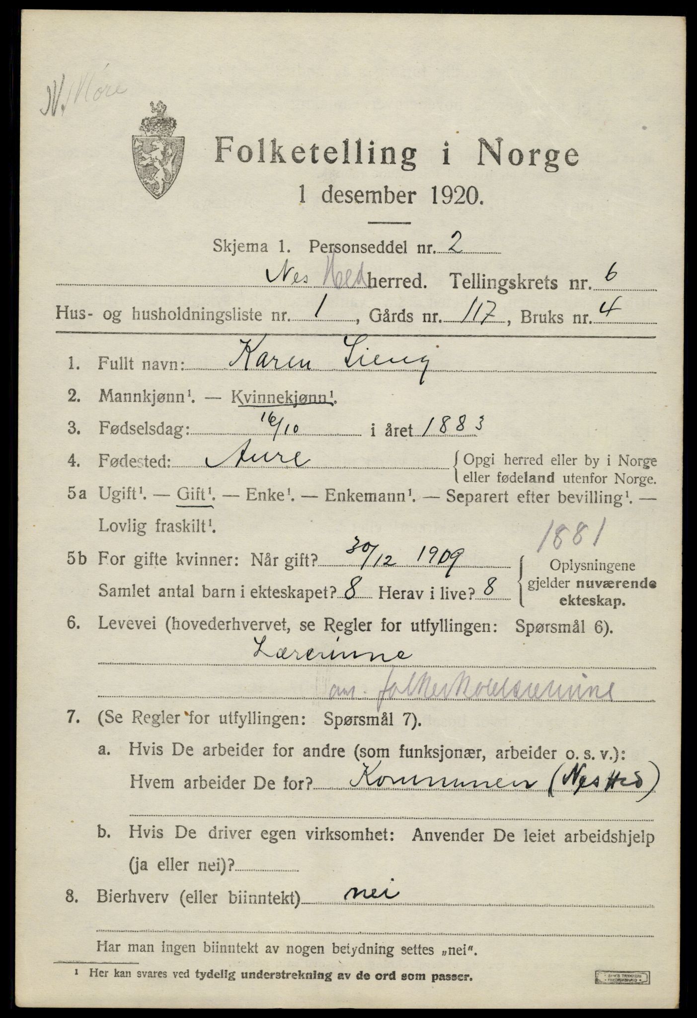 SAH, 1920 census for Nes (Hedmark), 1920, p. 7784