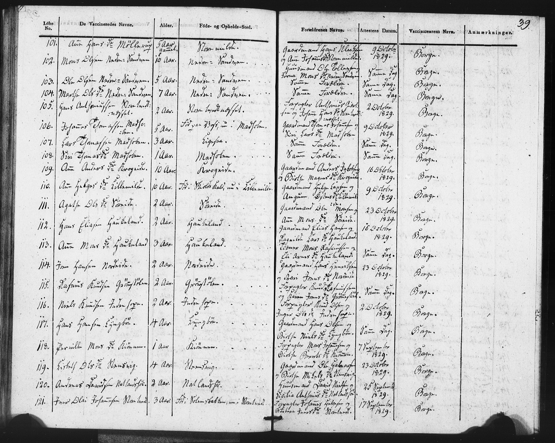 Fana Sokneprestembete, SAB/A-75101/H/Haa/Haaa/L0013: Parish register (official) no. A 13, 1819-1833, p. 39