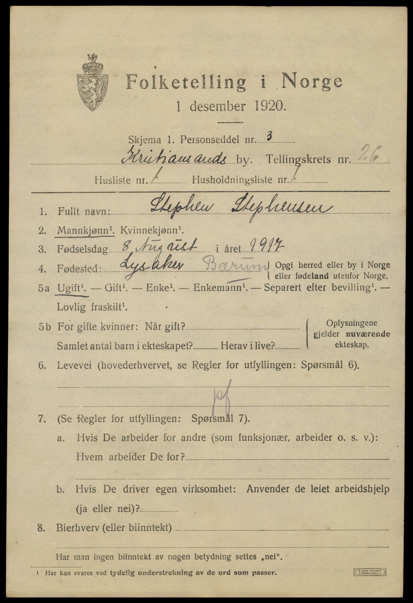 SAK, 1920 census for Kristiansand, 1920, p. 44851