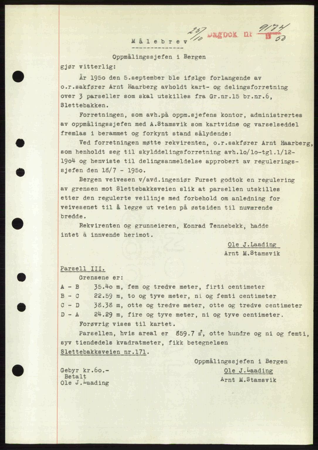 Byfogd og Byskriver i Bergen, SAB/A-3401/03/03Bc/L0034: Mortgage book no. A27-28, 1950-1950, Diary no: : 9174/1950