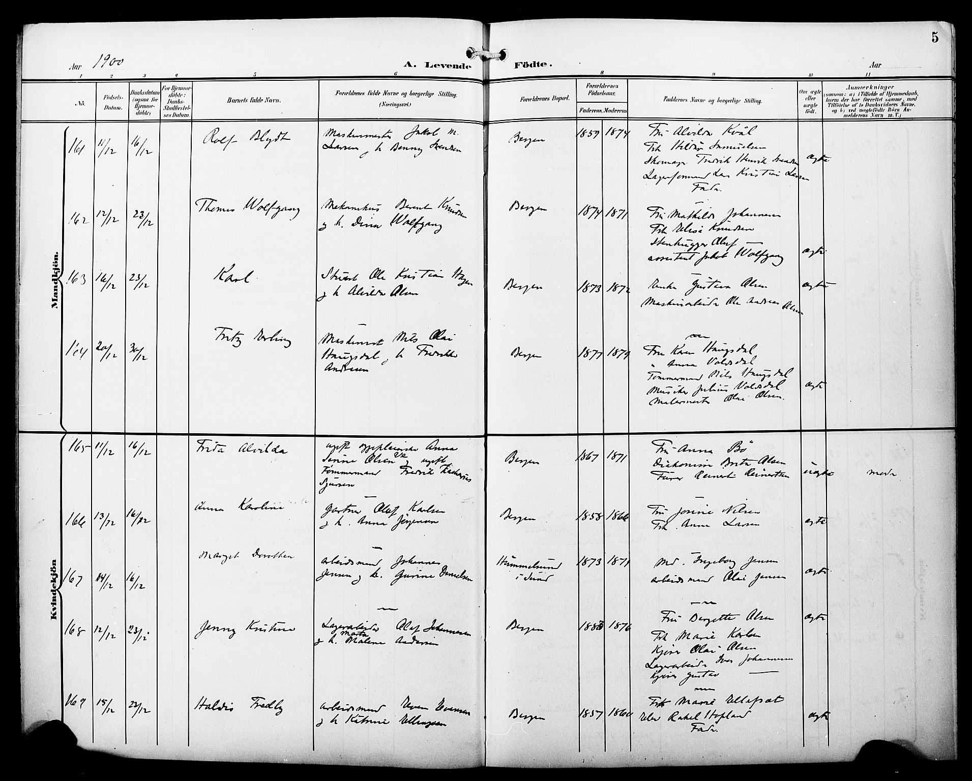 Fødselsstiftelsens sokneprestembete*, SAB/-: Parish register (copy) no. A 1, 1900-1909, p. 5