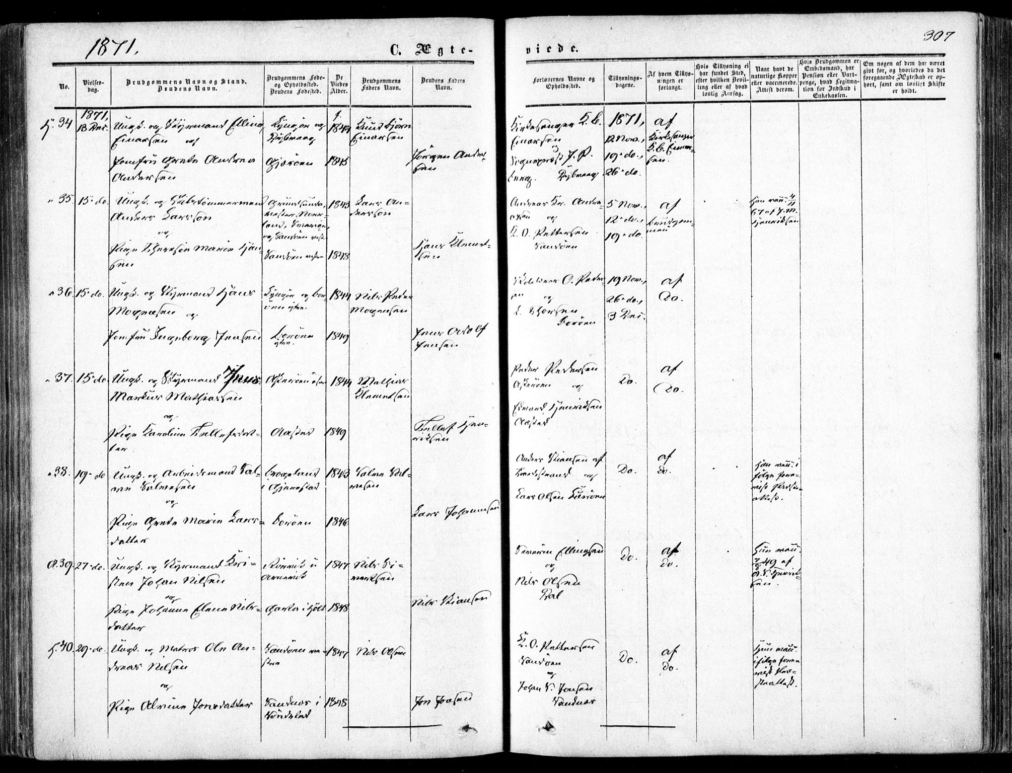 Dypvåg sokneprestkontor, AV/SAK-1111-0007/F/Fa/Faa/L0006: Parish register (official) no. A 6, 1855-1872, p. 307