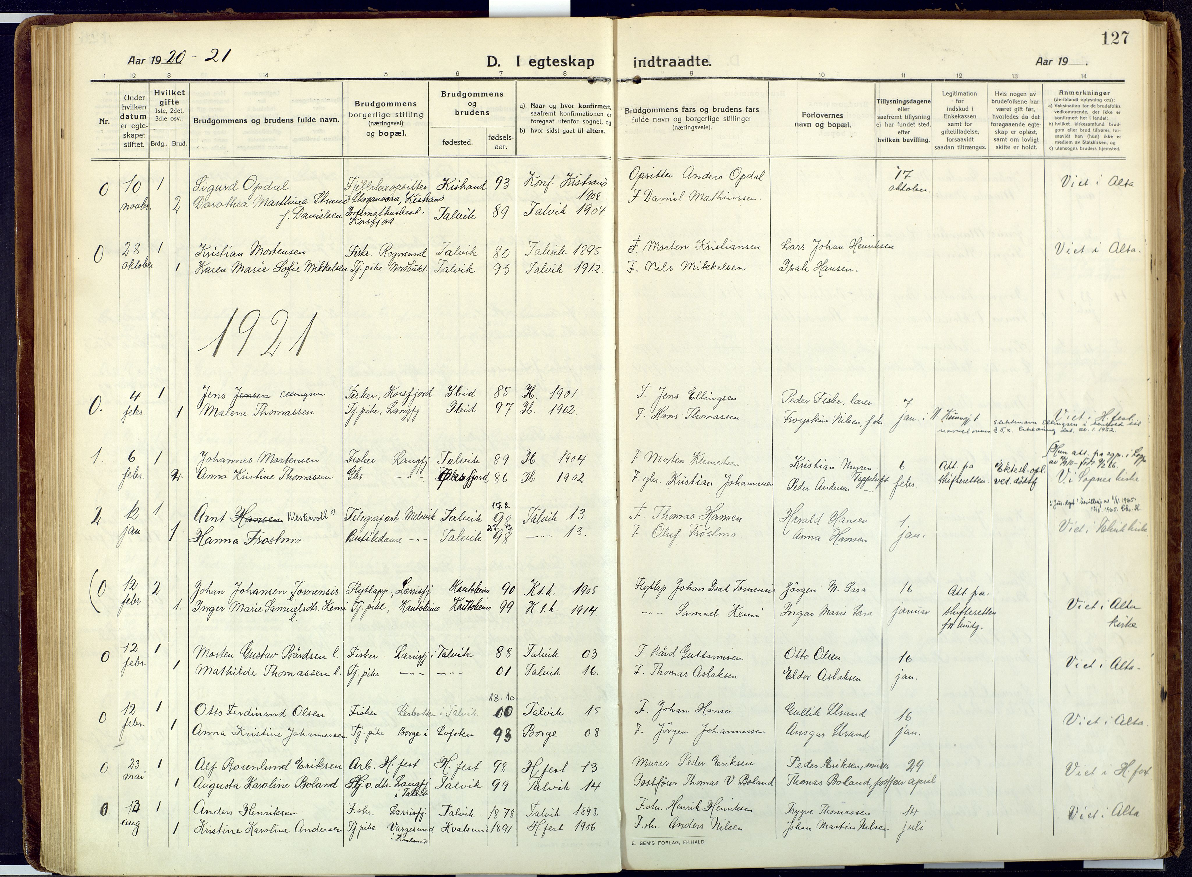 Talvik sokneprestkontor, SATØ/S-1337/H/Ha/L0018kirke: Parish register (official) no. 18, 1915-1924, p. 127