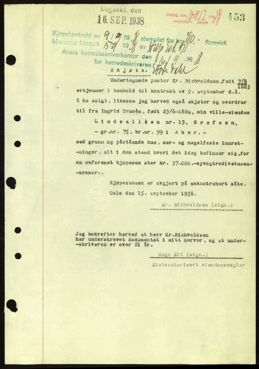 Aker herredsskriveri, SAO/A-10896/G/Gb/Gba/Gbab/L0025: Mortgage book no. A154-155, 1938-1938, Diary no: : 10952/1938