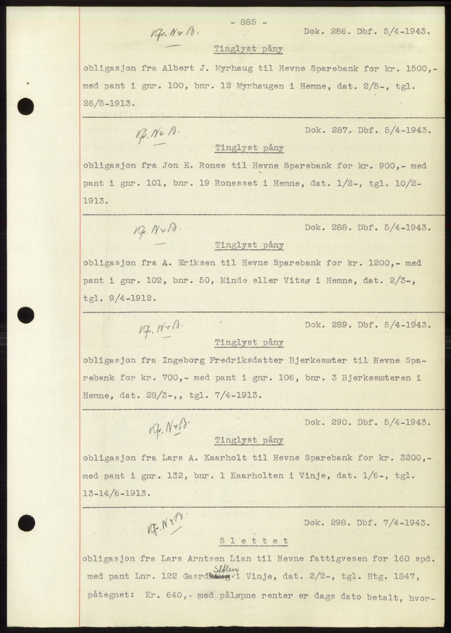 Hitra sorenskriveri, AV/SAT-A-0018/2/2C/2Ca: Mortgage book no. C1, 1936-1945, Diary no: : 286/1943