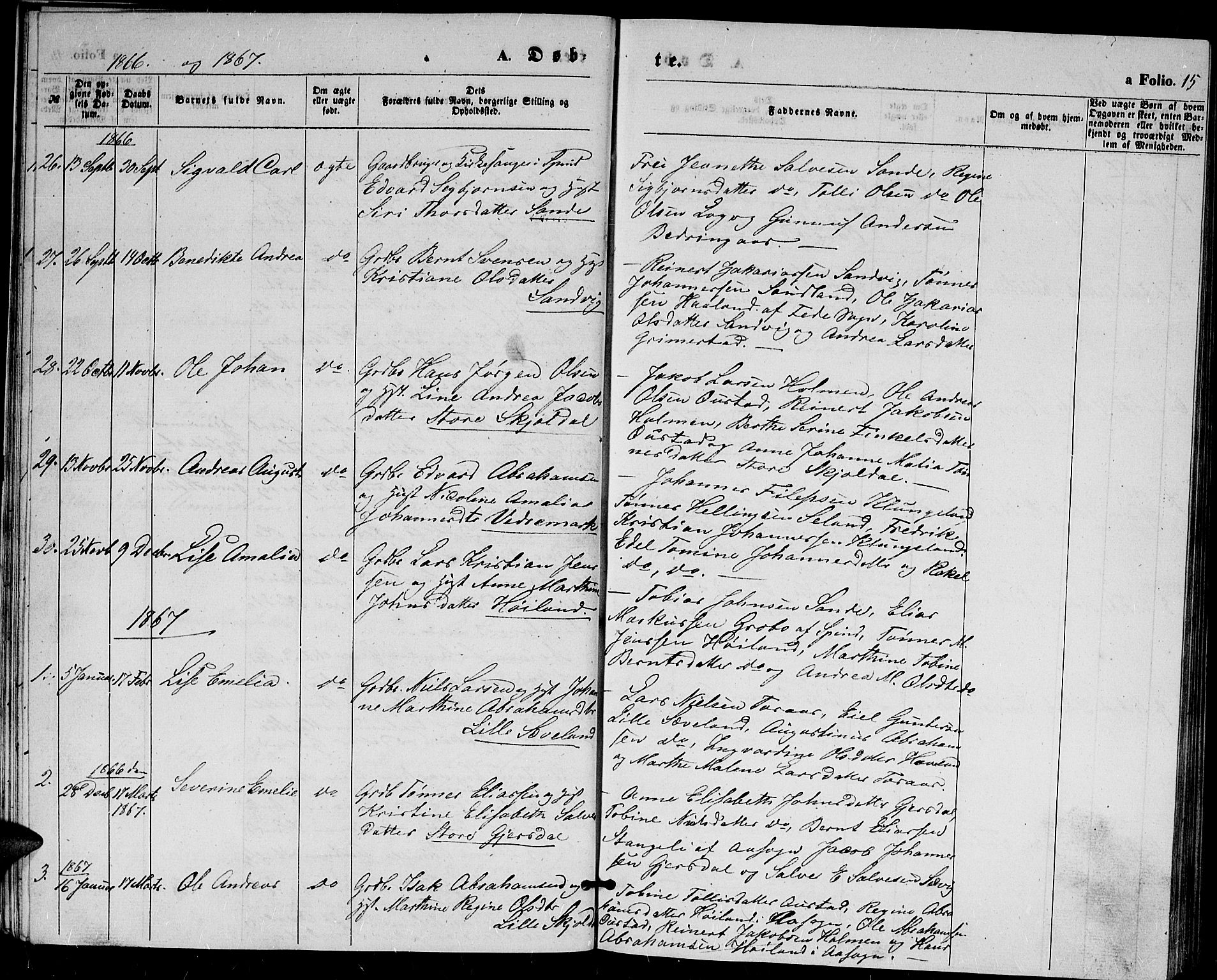 Herad sokneprestkontor, SAK/1111-0018/F/Fb/Fba/L0003: Parish register (copy) no. B 3, 1863-1883, p. 15