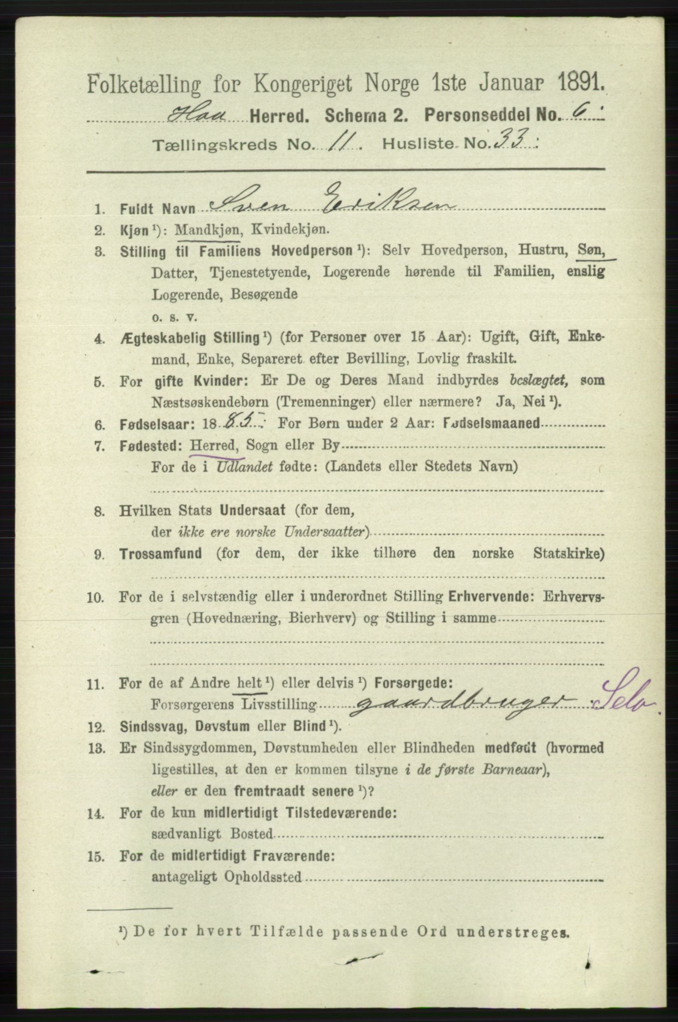 RA, 1891 census for 1119 Hå, 1891, p. 2836