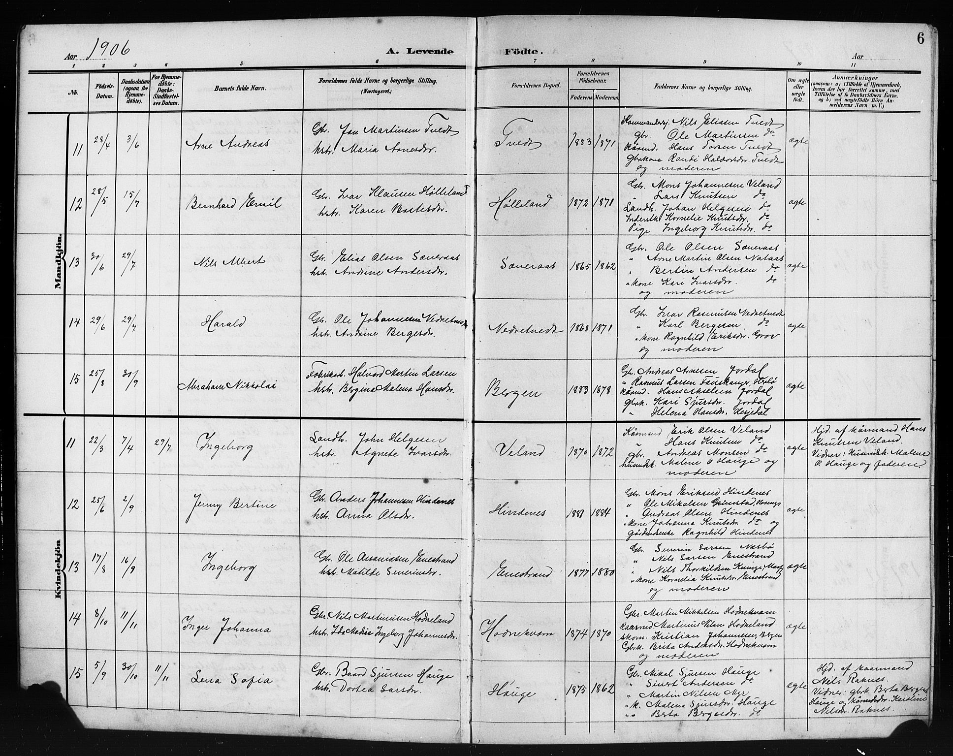 Lindås Sokneprestembete, SAB/A-76701/H/Hab: Parish register (copy) no. E 4, 1906-1921, p. 6
