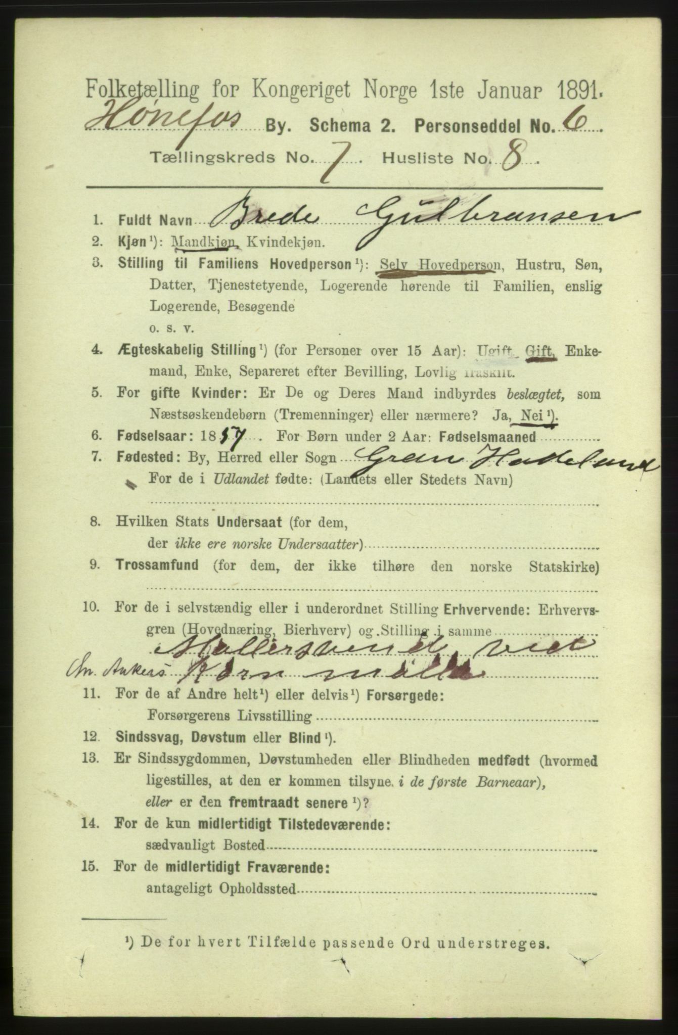 RA, 1891 census for 0601 Hønefoss, 1891, p. 1238