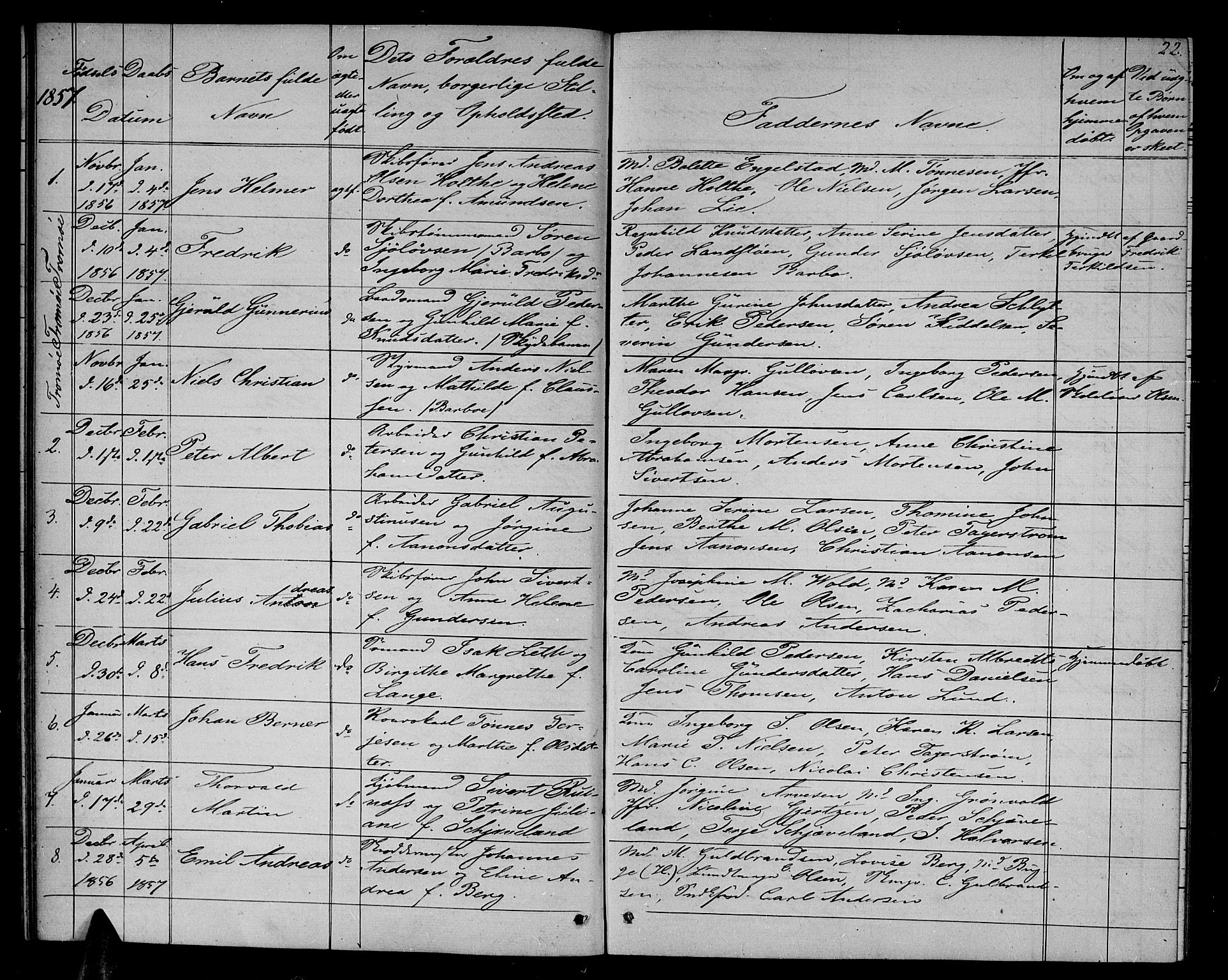 Arendal sokneprestkontor, Trefoldighet, SAK/1111-0040/F/Fb/L0003: Parish register (copy) no. B 3, 1851-1860, p. 22
