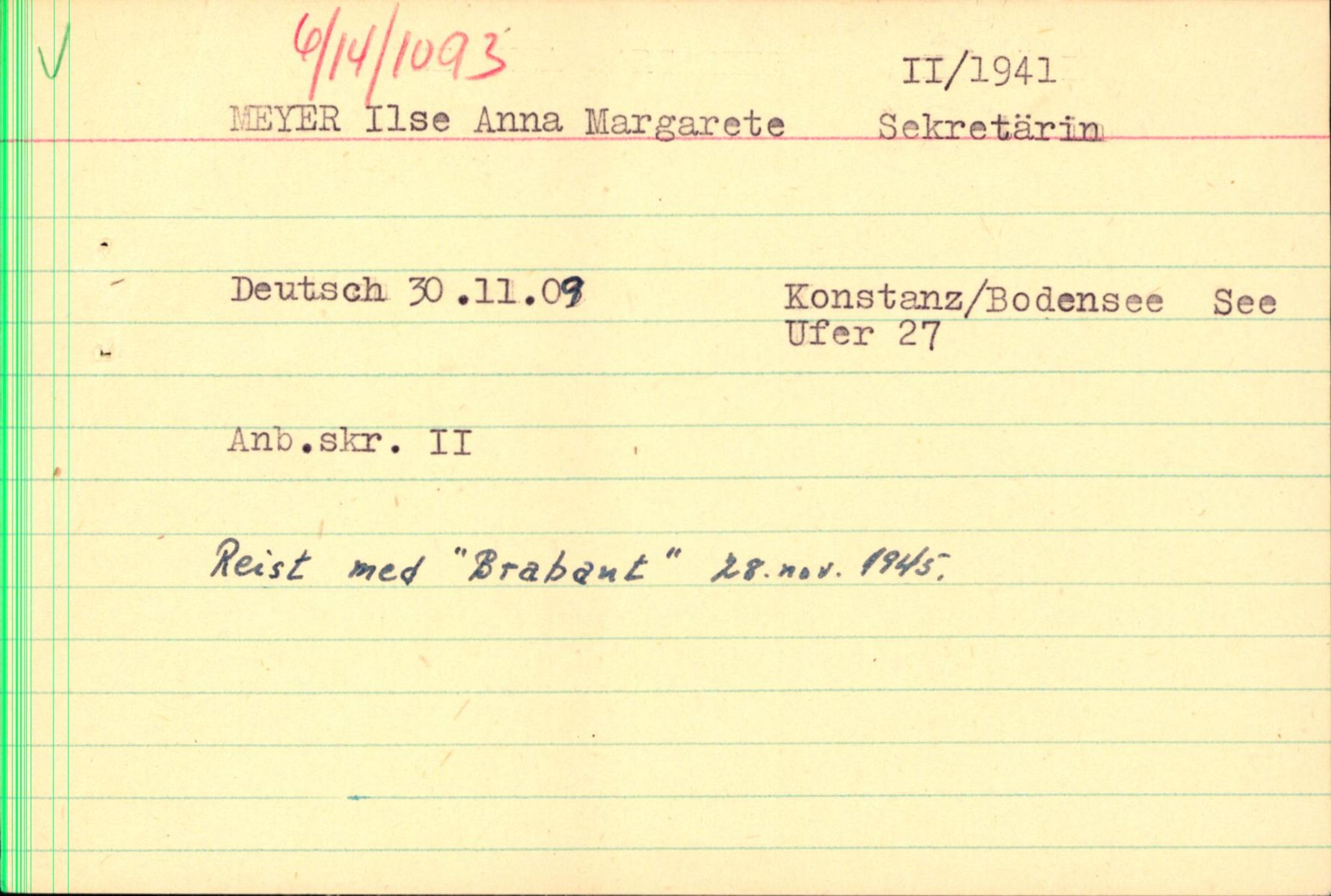 Forsvaret, Forsvarets overkommando II, RA/RAFA-3915/D/Db/L0022: CI Questionaires. Tyske okkupasjonsstyrker i Norge. Tyskere., 1945-1946, p. 91