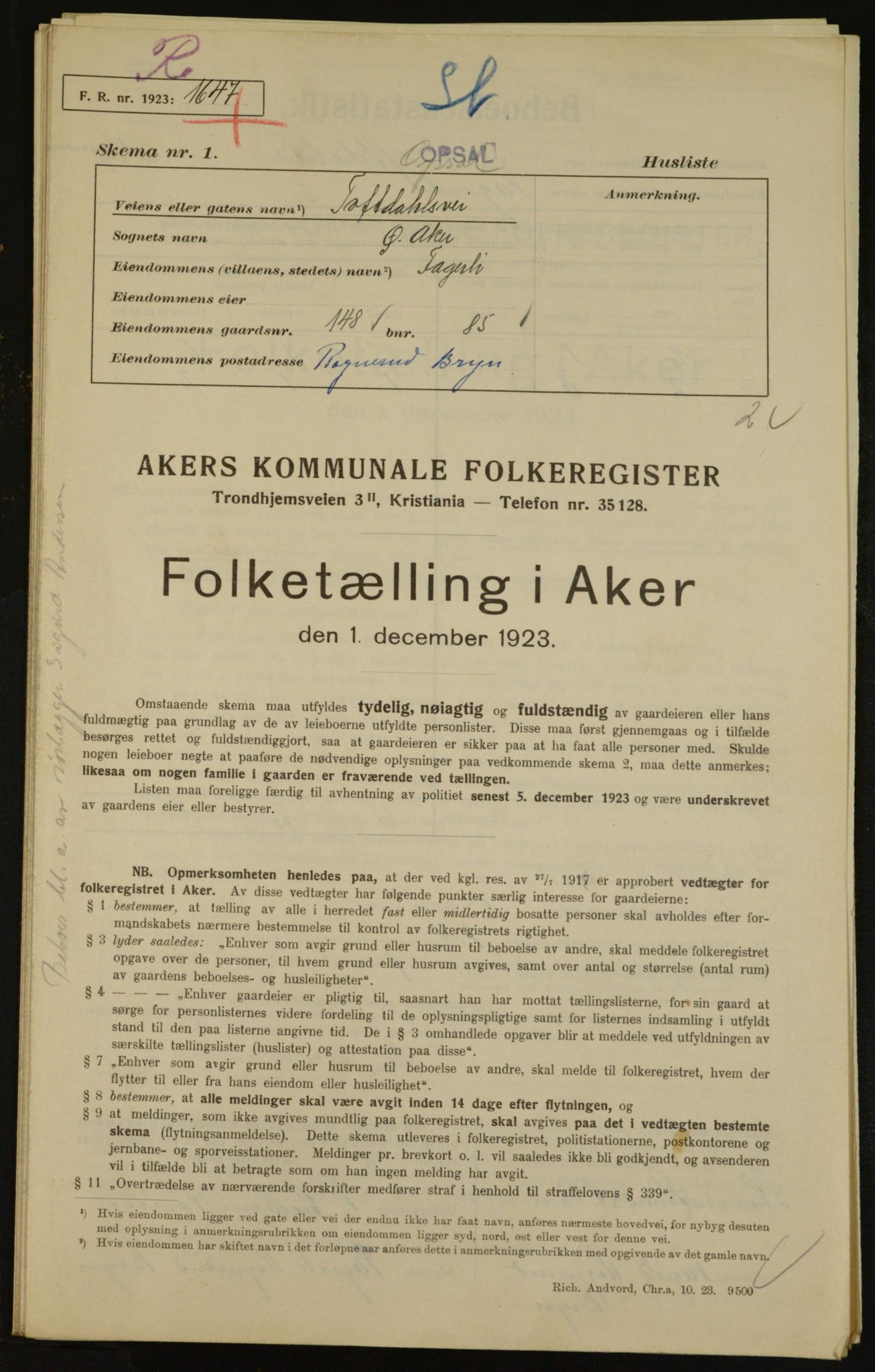 , Municipal Census 1923 for Aker, 1923, p. 32924