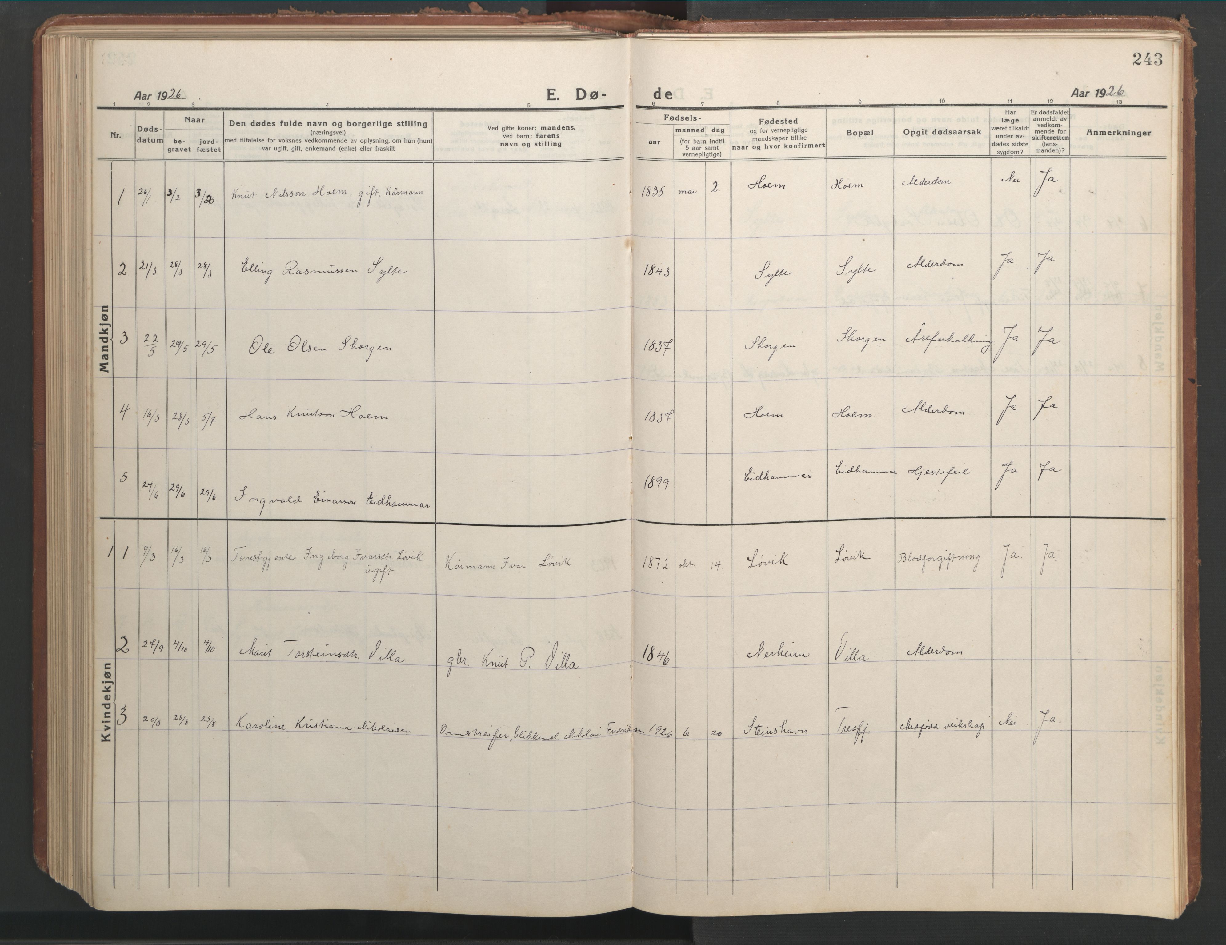 Ministerialprotokoller, klokkerbøker og fødselsregistre - Møre og Romsdal, AV/SAT-A-1454/541/L0548: Parish register (copy) no. 541C03, 1921-1960, p. 243
