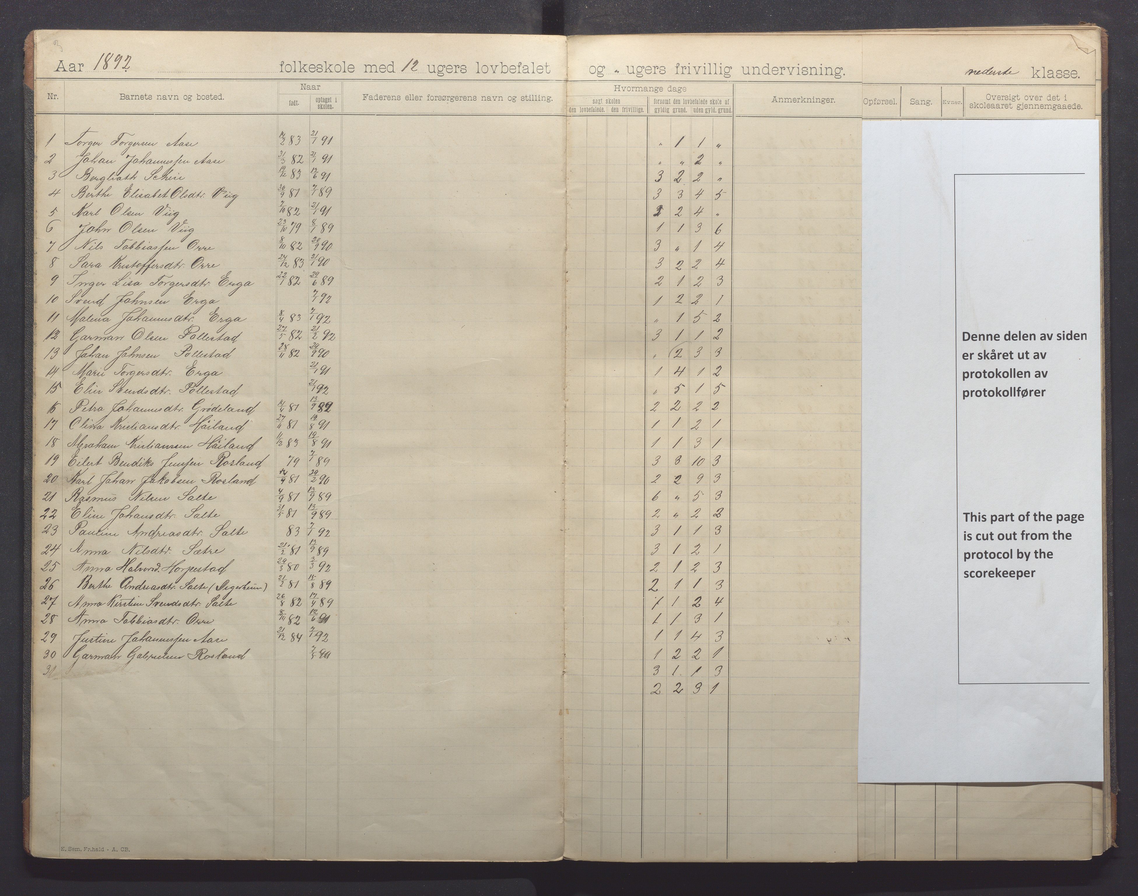 Klepp kommune - Pollestad skule, IKAR/K-100295/H/L0001: Skoleprotokoll, 1892-1898, p. 7