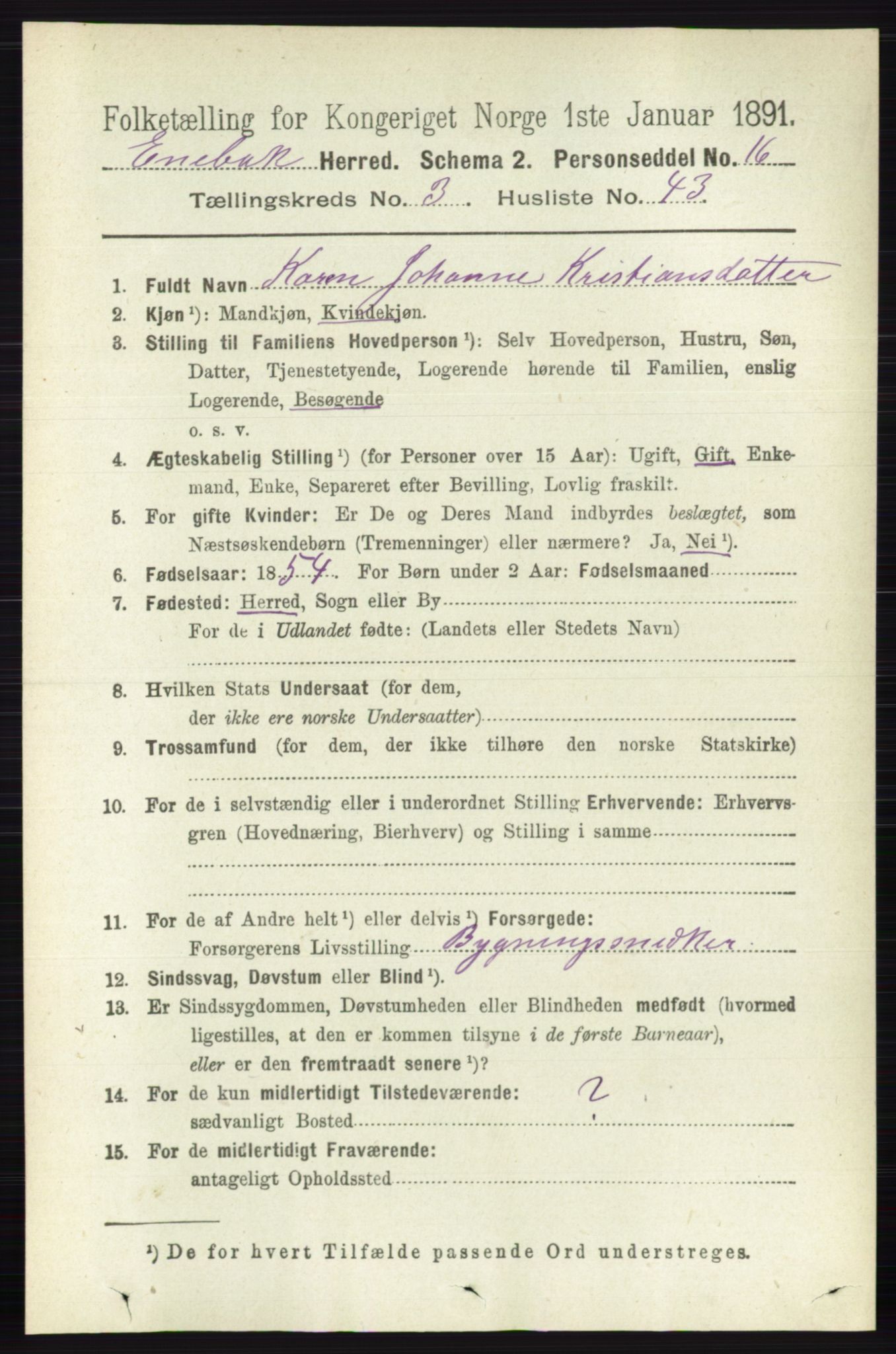 RA, 1891 census for 0229 Enebakk, 1891, p. 1395