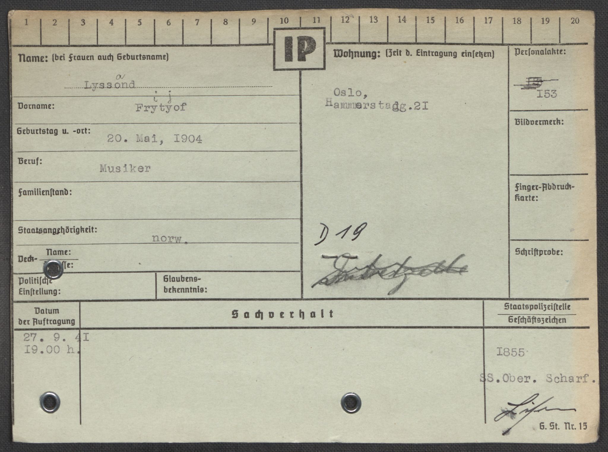 Befehlshaber der Sicherheitspolizei und des SD, AV/RA-RAFA-5969/E/Ea/Eaa/L0007: Register over norske fanger i Møllergata 19: Lundb-N, 1940-1945, p. 96