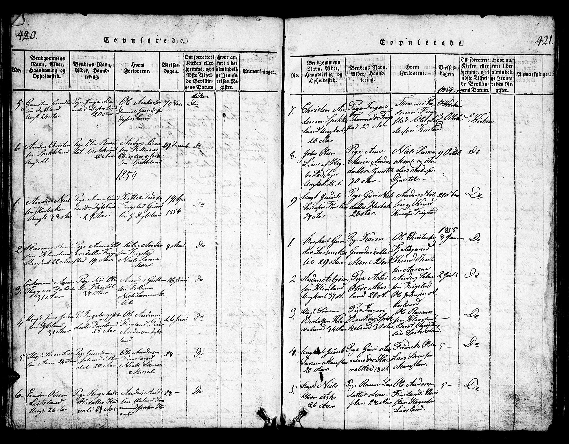 Bjelland sokneprestkontor, SAK/1111-0005/F/Fb/Fbb/L0003: Parish register (copy) no. B 3, 1816-1868, p. 420-421