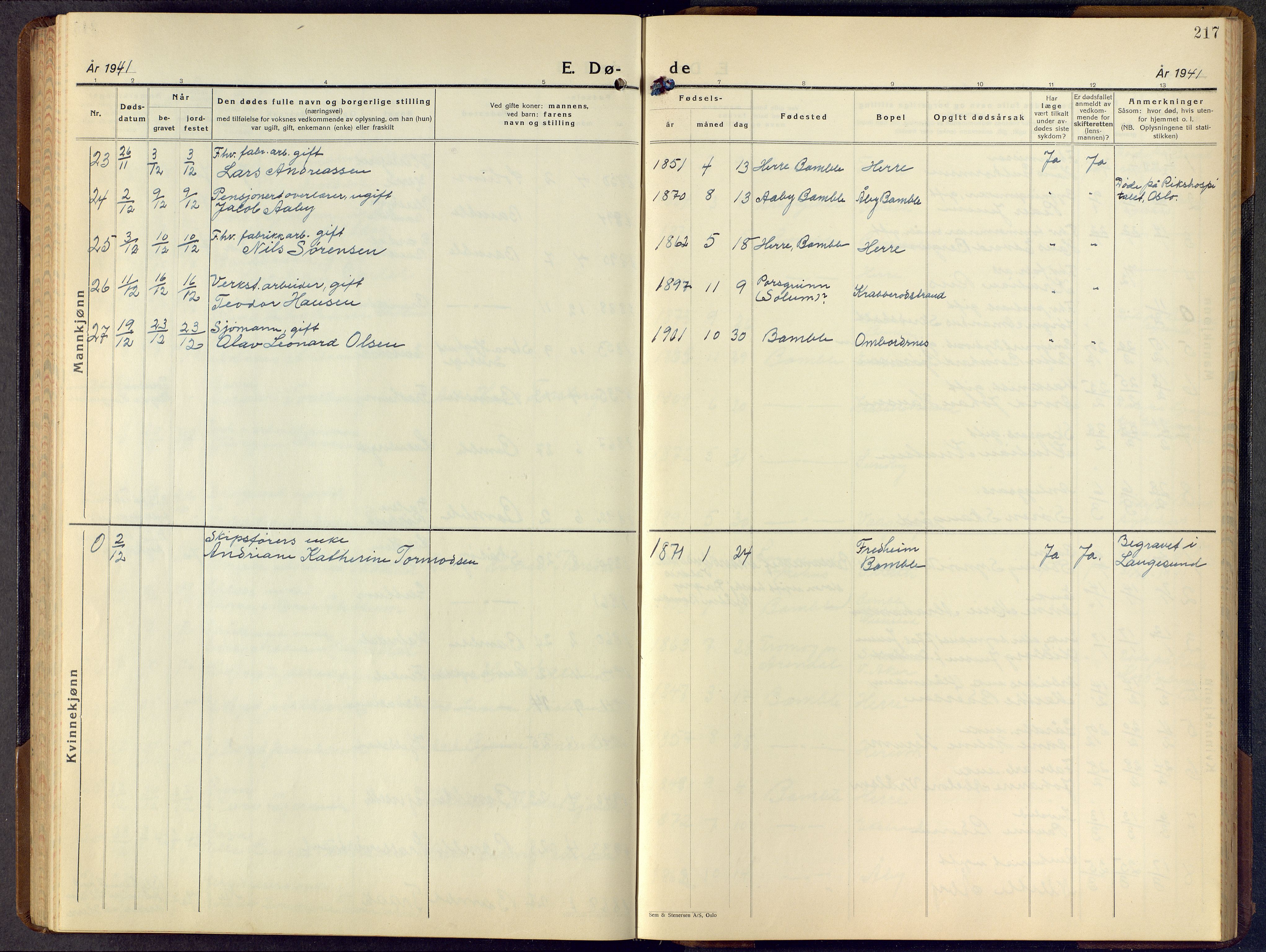 Bamble kirkebøker, AV/SAKO-A-253/G/Ga/L0012: Parish register (copy) no. I 12, 1936-1951, p. 217