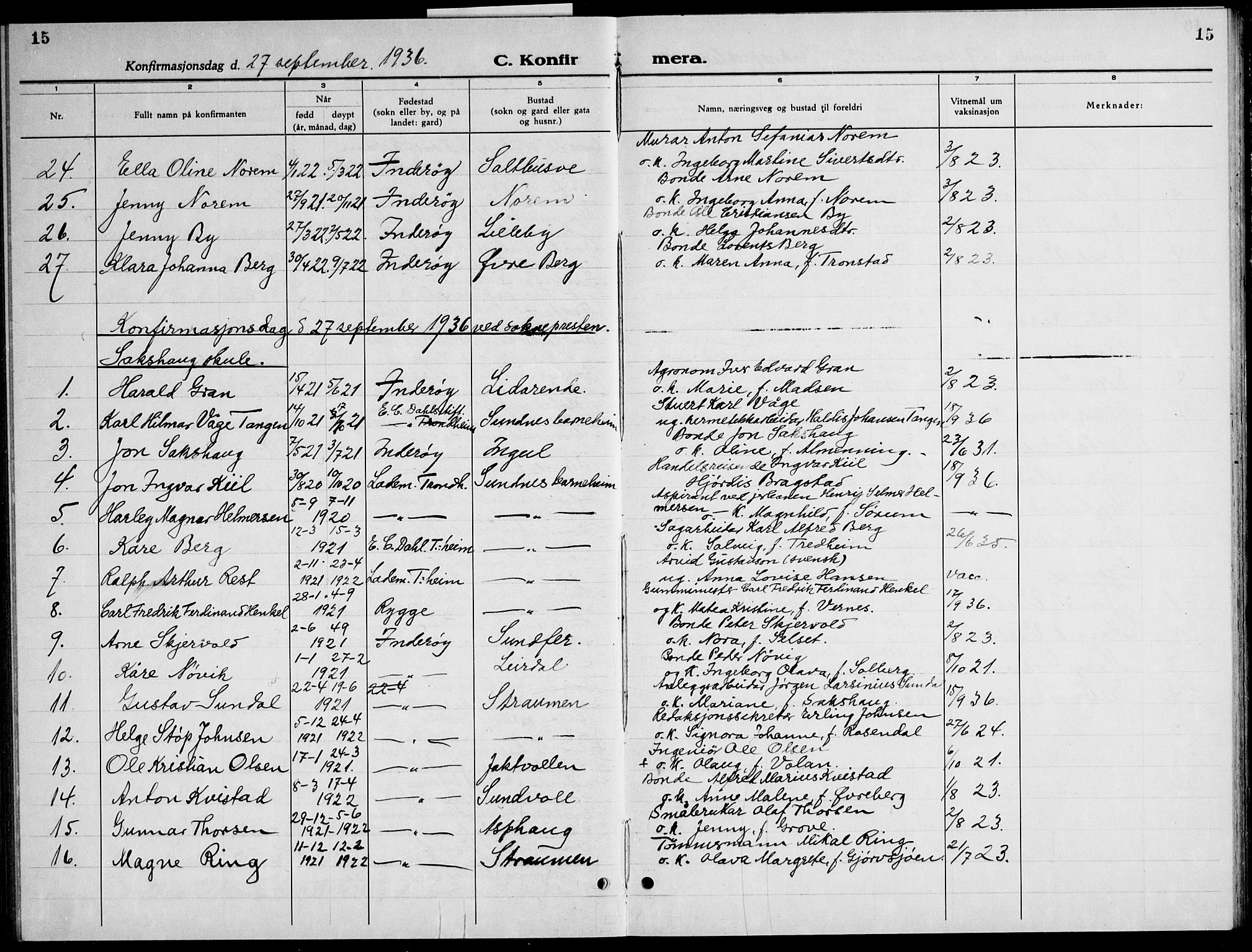 Ministerialprotokoller, klokkerbøker og fødselsregistre - Nord-Trøndelag, SAT/A-1458/730/L0304: Parish register (copy) no. 730C07, 1934-1945, p. 15