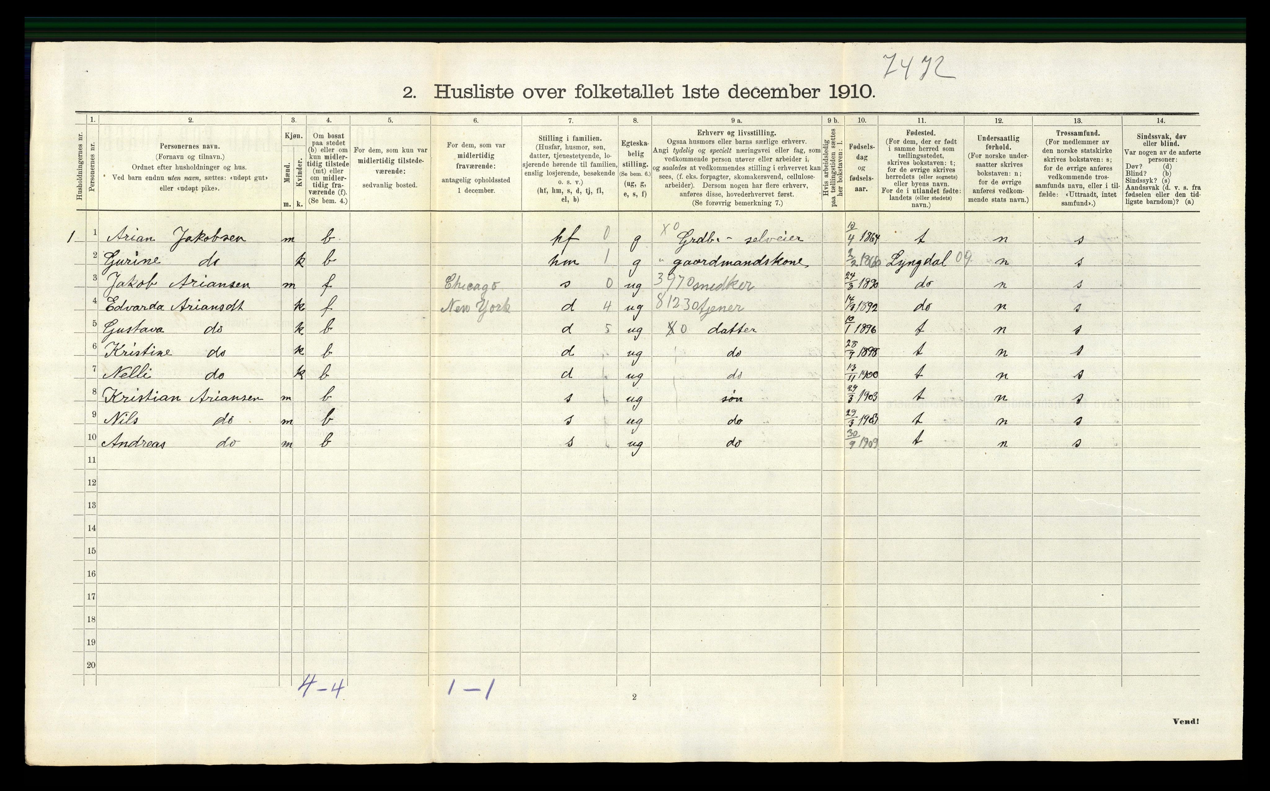 RA, 1910 census for Spangereid, 1910, p. 710