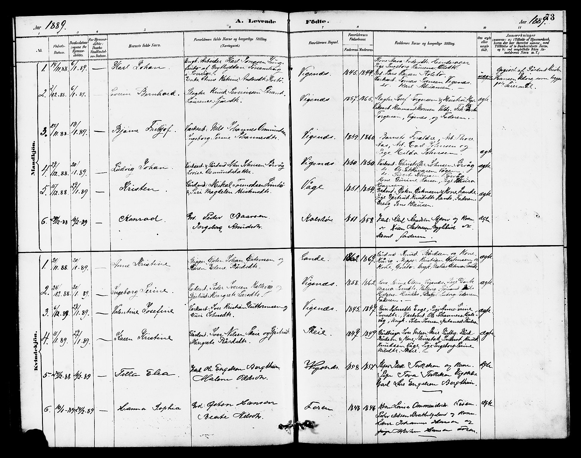 Avaldsnes sokneprestkontor, AV/SAST-A -101851/H/Ha/Hab/L0007: Parish register (copy) no. B 7, 1885-1909, p. 73