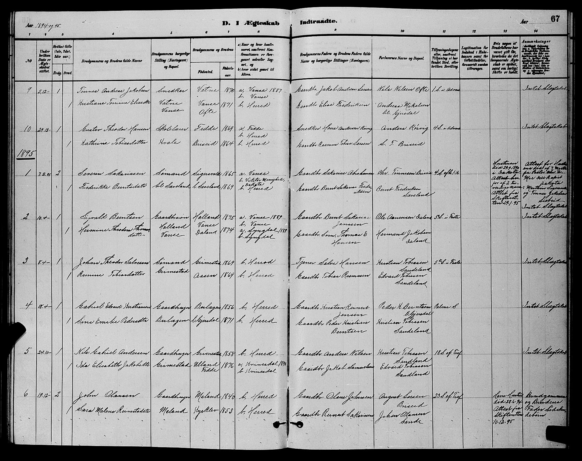 Herad sokneprestkontor, AV/SAK-1111-0018/F/Fb/Fba/L0004: Parish register (copy) no. B 4, 1882-1899, p. 67