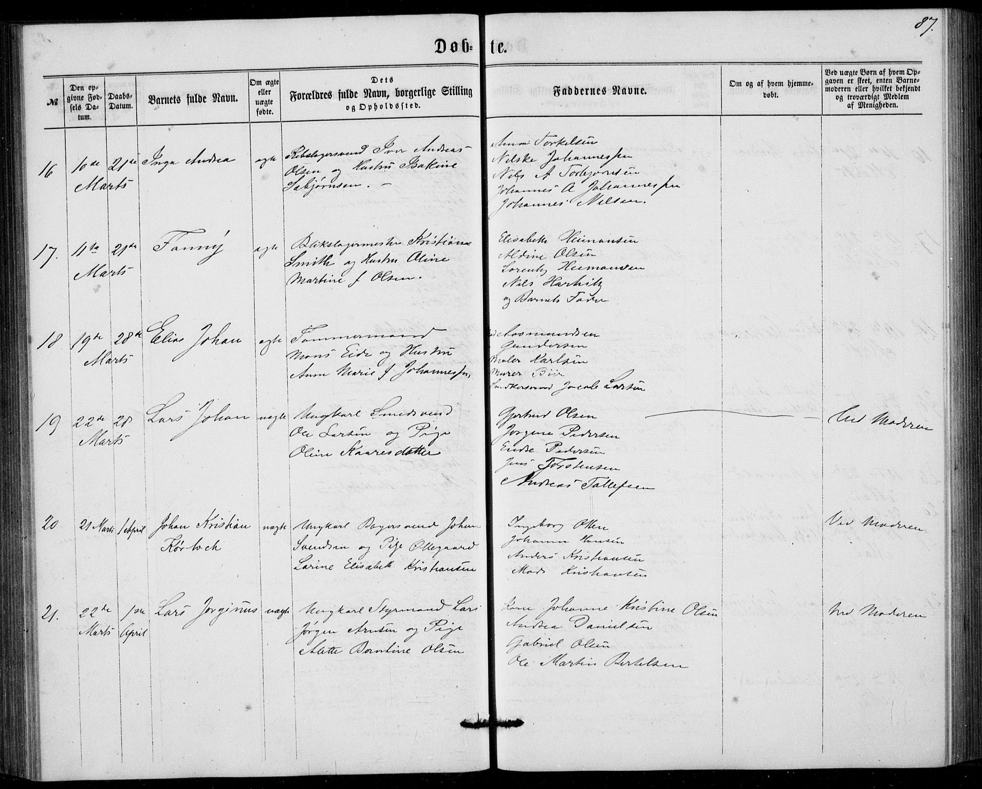 Fødselsstiftelsens sokneprestembete, ført av overlegen*, SAB/-: Parish register (official) no. A 1, 1863-1883, p. 87