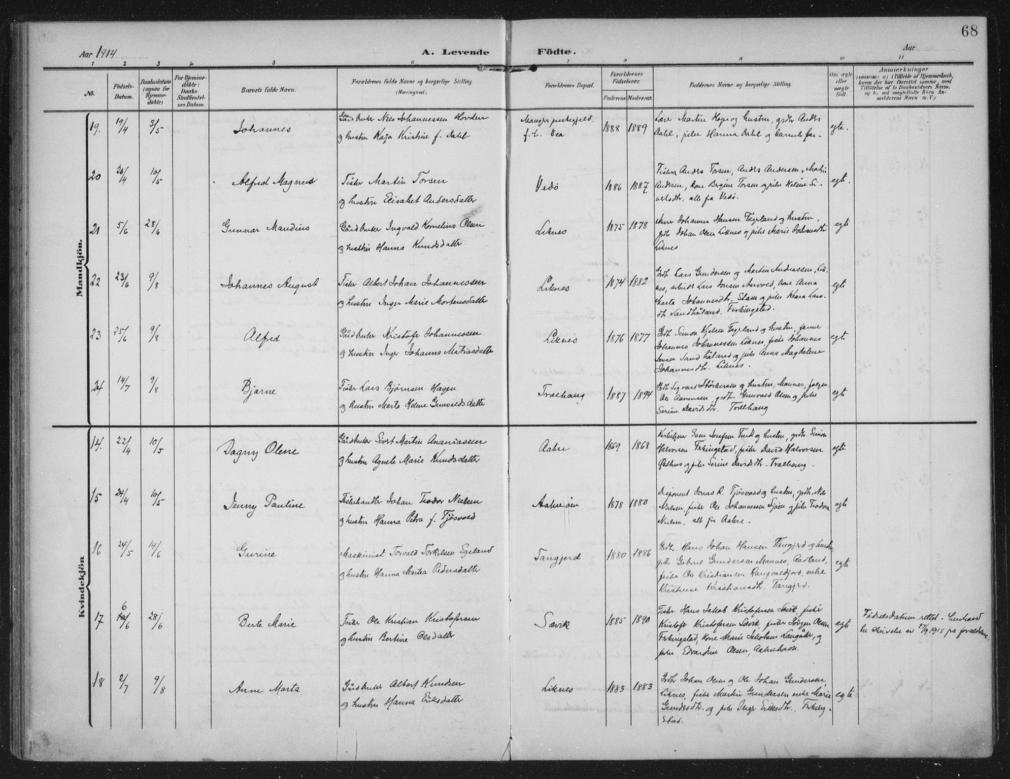 Kopervik sokneprestkontor, AV/SAST-A-101850/H/Ha/Haa/L0005: Parish register (official) no. A 5, 1906-1924, p. 68
