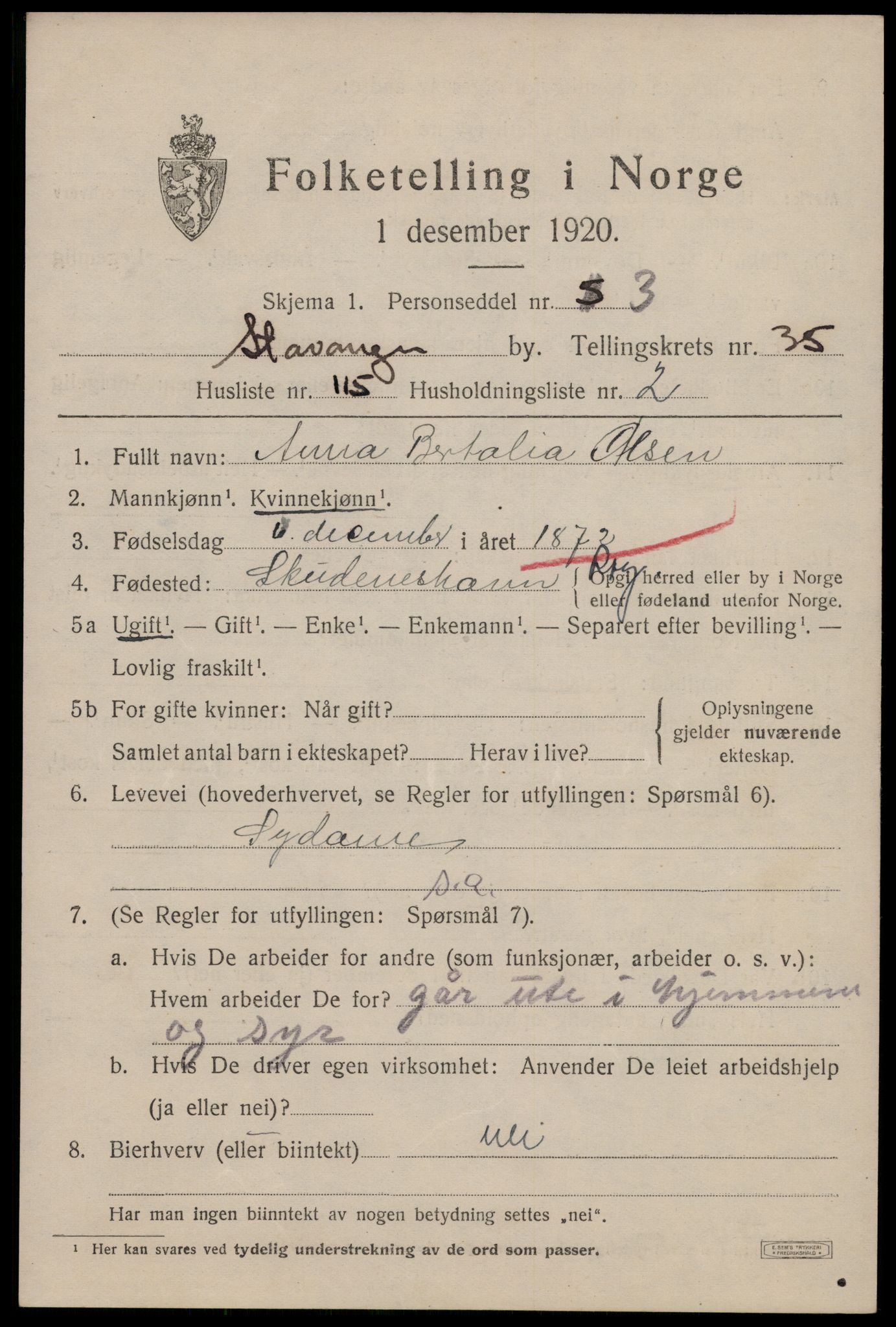 SAST, 1920 census for Stavanger, 1920, p. 95634