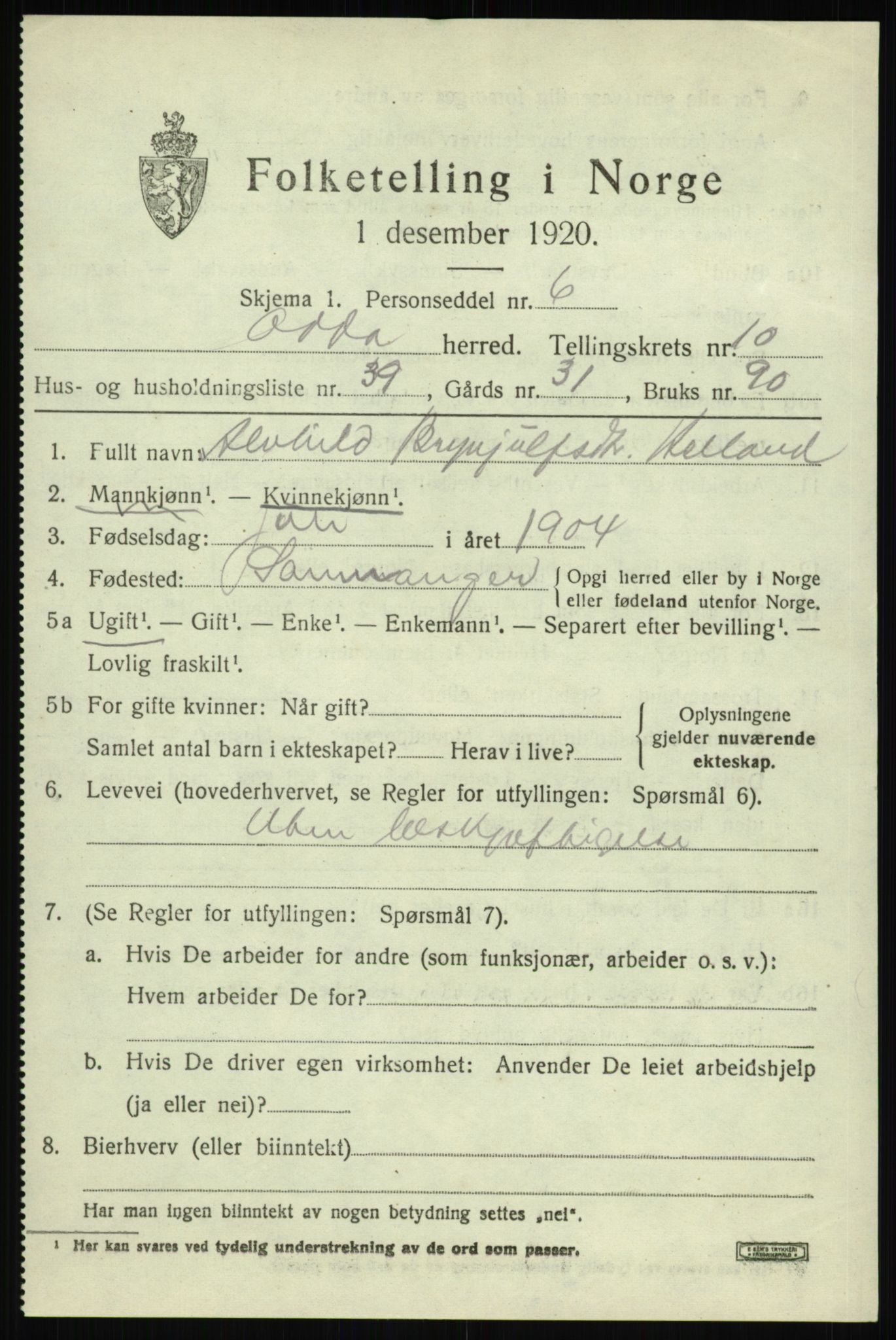 SAB, 1920 census for Odda, 1920, p. 10783